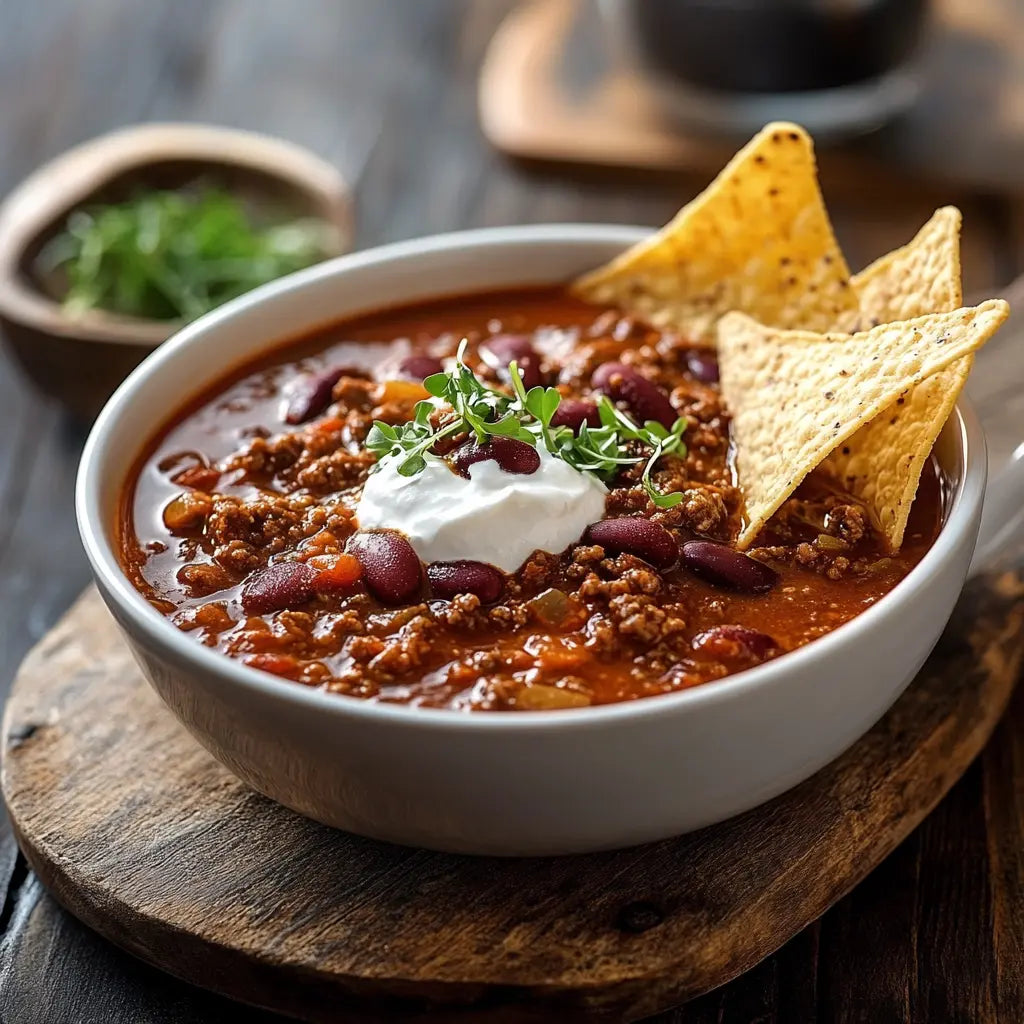 Chili sin carne in einer Schale mit Tortillachips und Sauerrahm, auf Holzunterlage.
