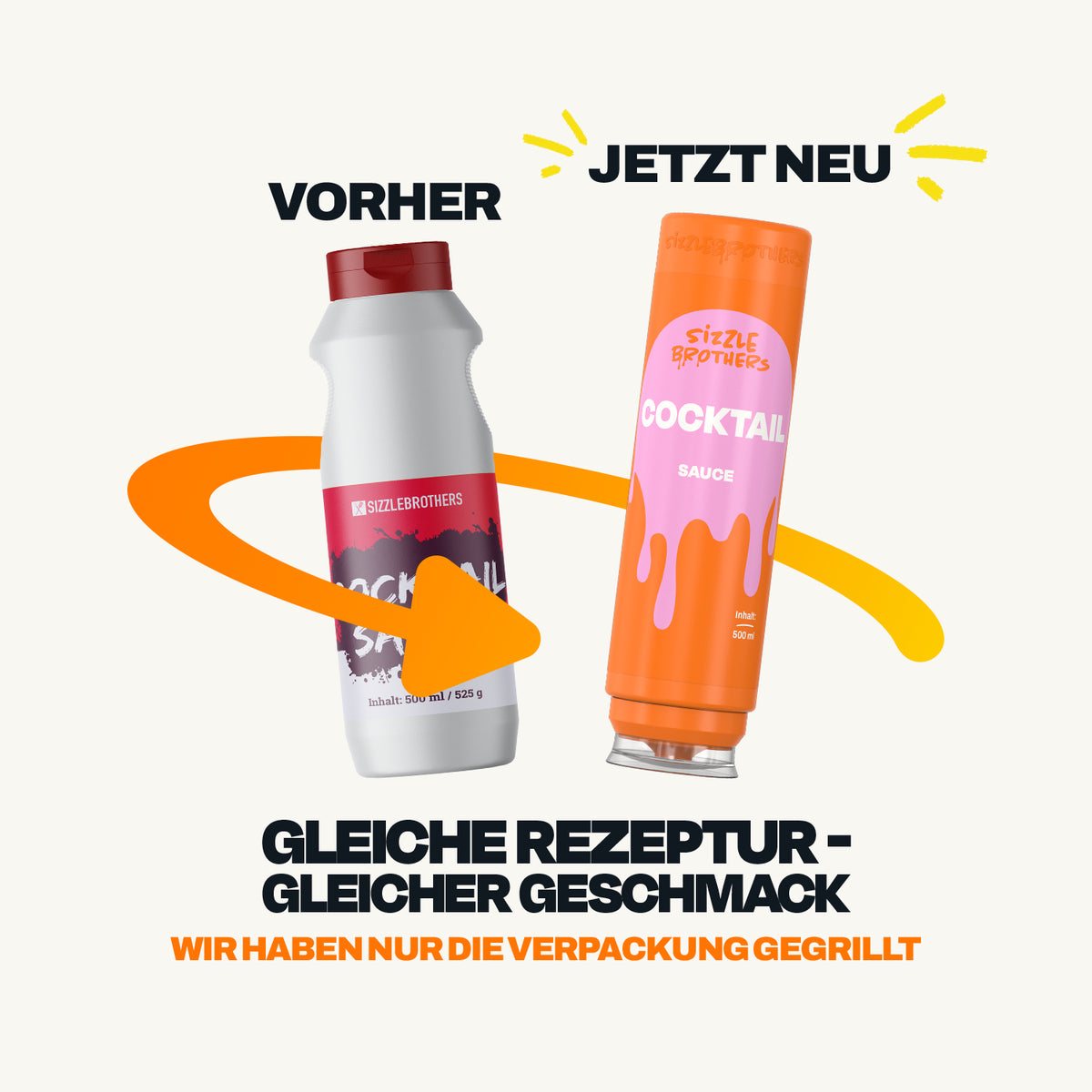Vorher-Nachher-Vergleich der SizzleBrothers Cocktail Sauce, alte weiße Flasche neben neuer Flasche in orange, Packaging-Redesign