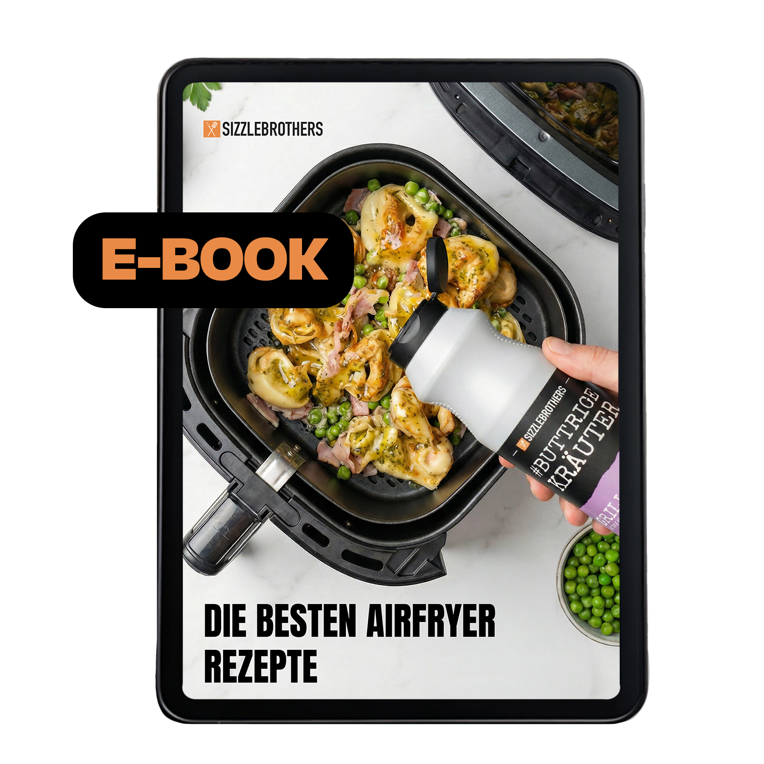 Tablet zeigt Airfryer-Gericht und E-BOOK-Overlay, mit Text 'DIE BESTEN AIRFRYER REZEPTE'.