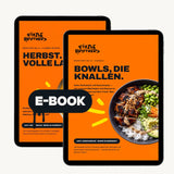 Zwei Tablets mit 'Herbst. Volle Ladung.' und 'Bowls, die knallen.' Rezeptbüchern und E-Book-Logo.