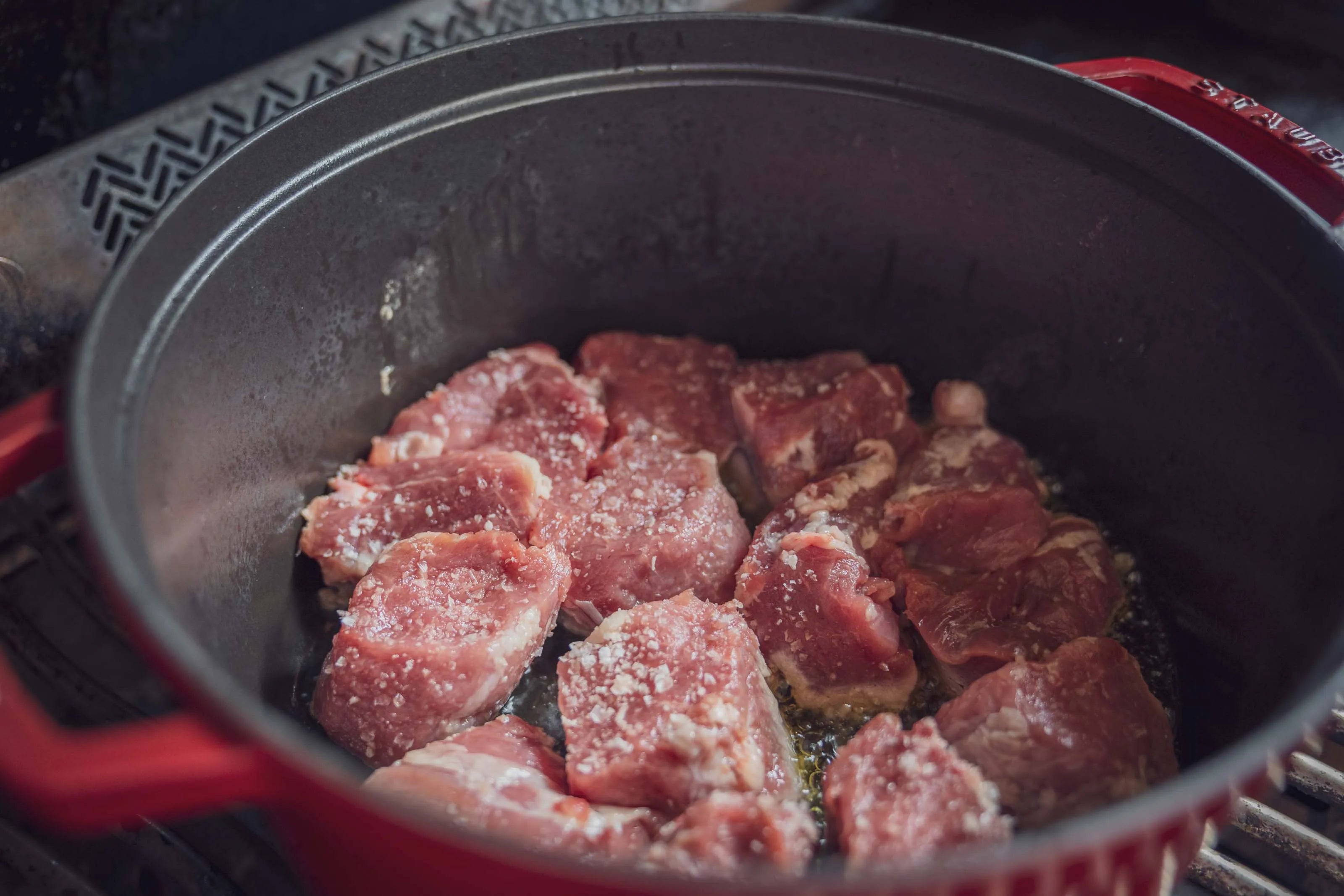 Rohe Fleischstücke mit Salz bestreut in einem roten Topf.