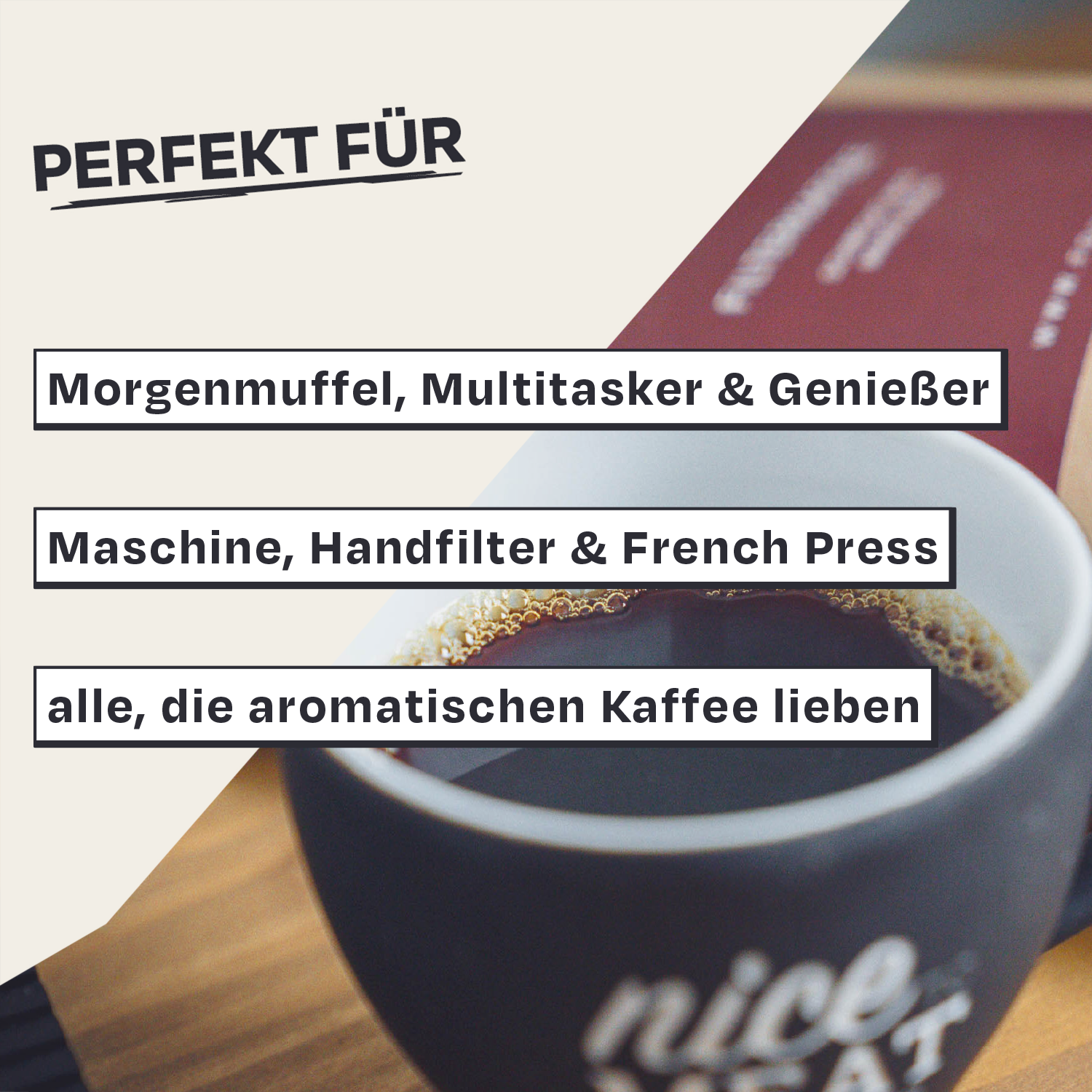 Tasse Kaffee auf Holzunterlage, Text beschreibt Geräte für aromatischen Kaffee.