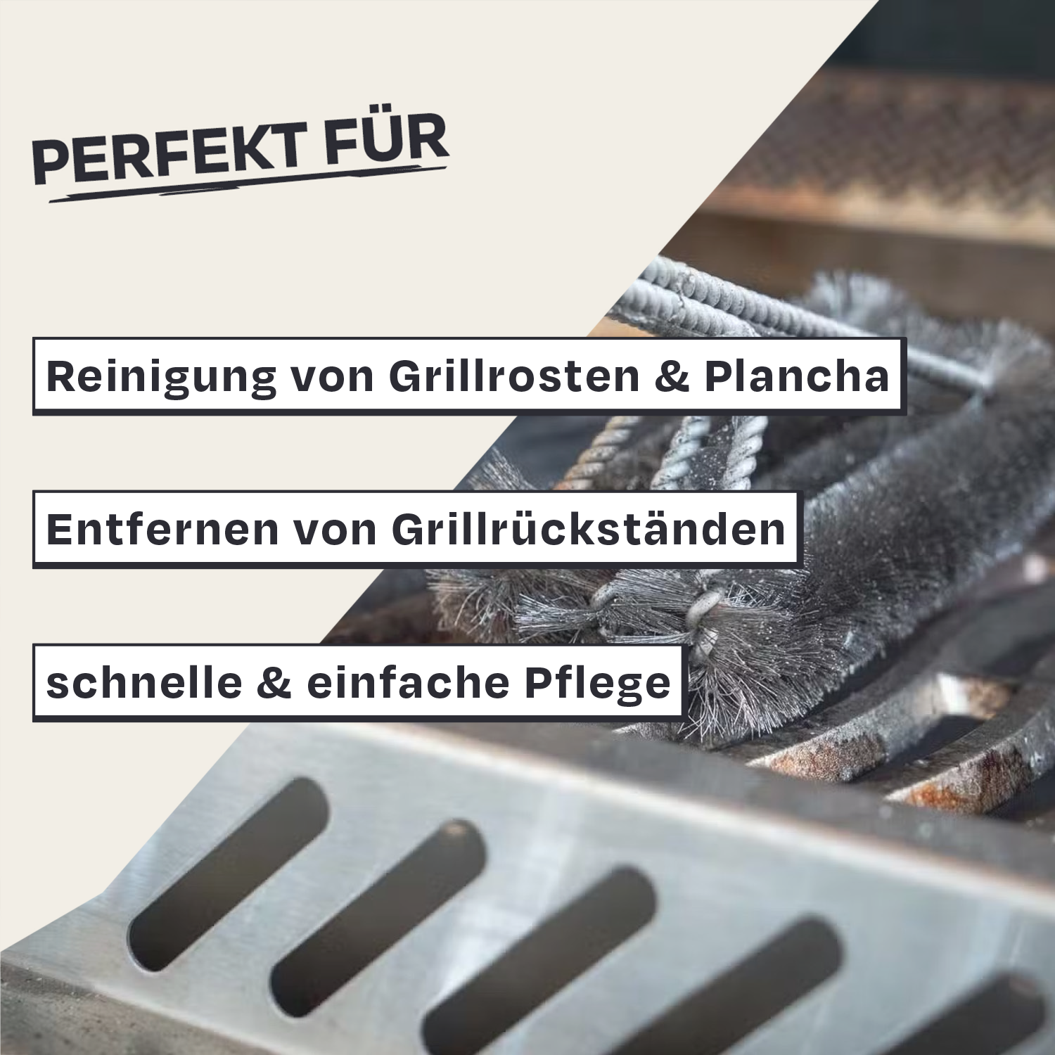 GrillbĂĽrste mit Metallborsten auf Grillrost. Text: Perfekt fĂĽr Reinigung von Grillrosten & Plancha.