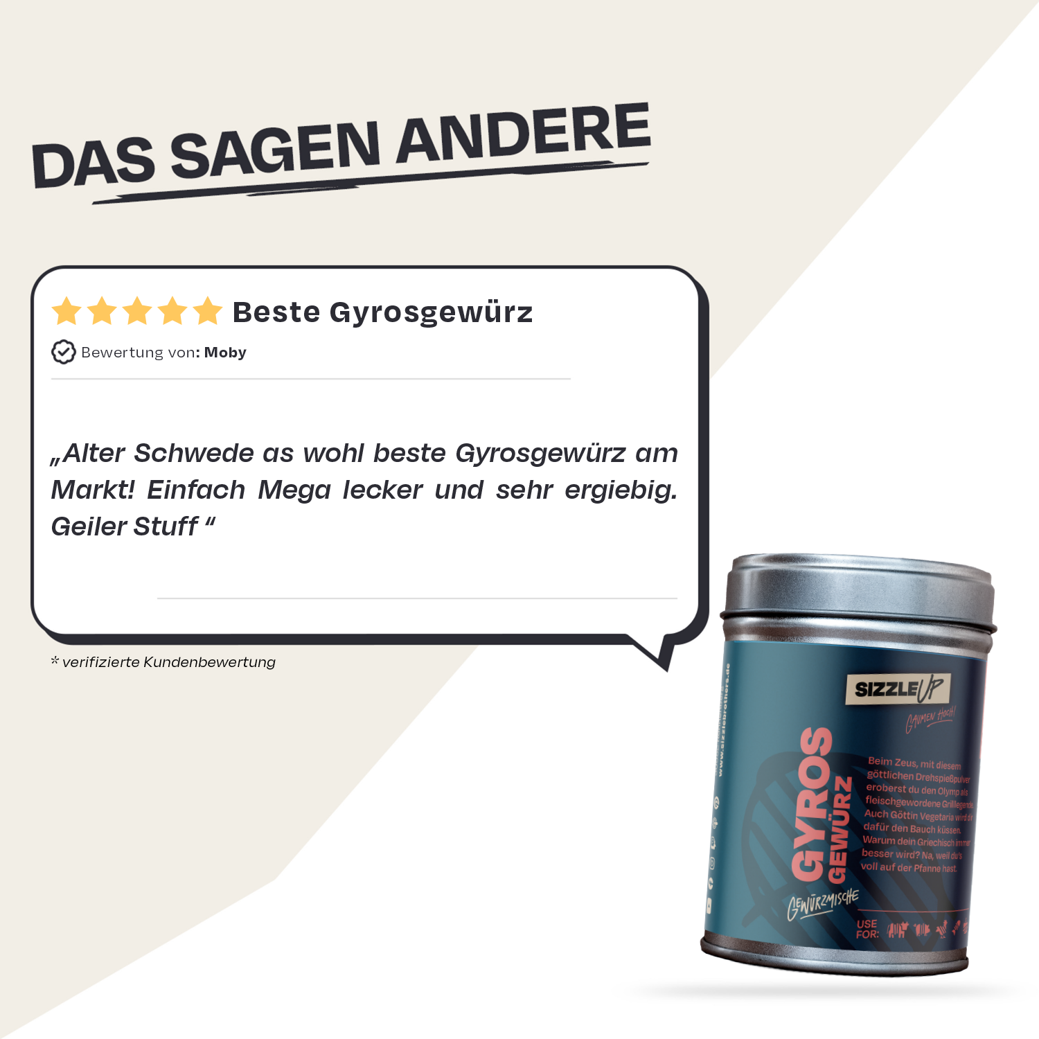 Rezension: 'Beste Gyrosgewürz' von Moby, neben der Gyros Gewürzdose.