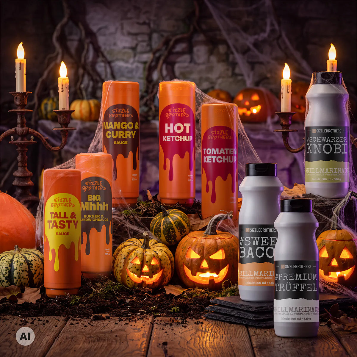 Halloween-Szene mit Kerzen, Kürbissen und verschiedenen Saucenflaschen von Sizzle Brothers.