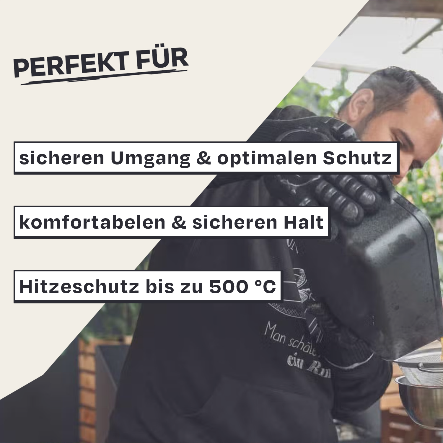 Person mit schwarzen Handschuhen gieĂźt FlĂĽssigkeit. Text: Perfekt fĂĽr sicheren Umgang & optimalen Schutz.