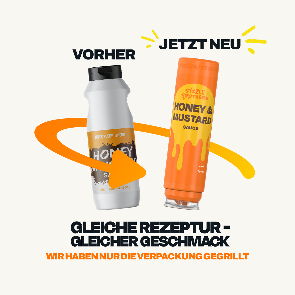 Neue Verpackung der SizzleBrothers Honey Mustard Sauce, alte weiße Flasche neben der neuen orangefarbenen 500 ml Flasche