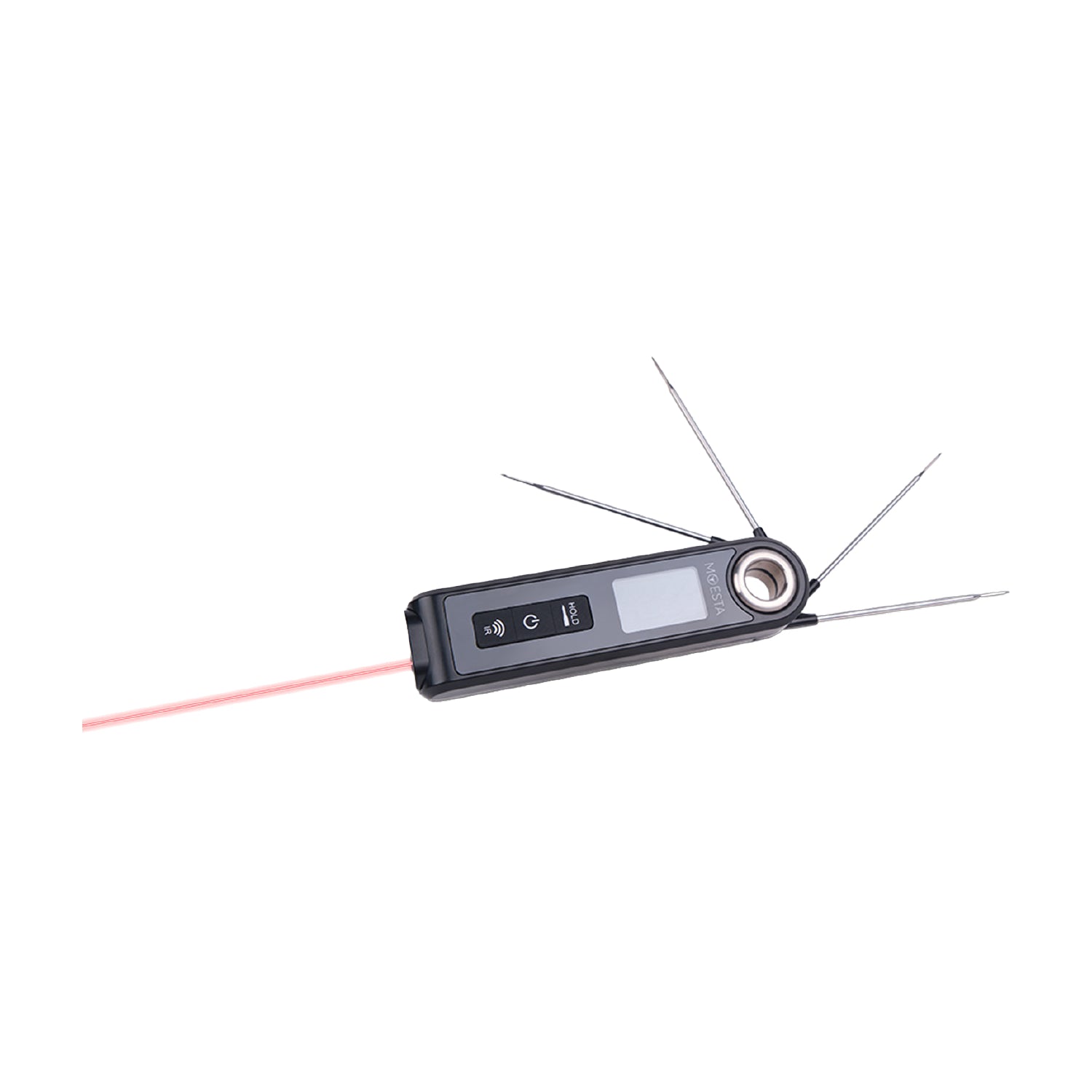 Schwarzes digitales Thermometer mit ausgeklappten Sonden und rotem Laserstrahl.