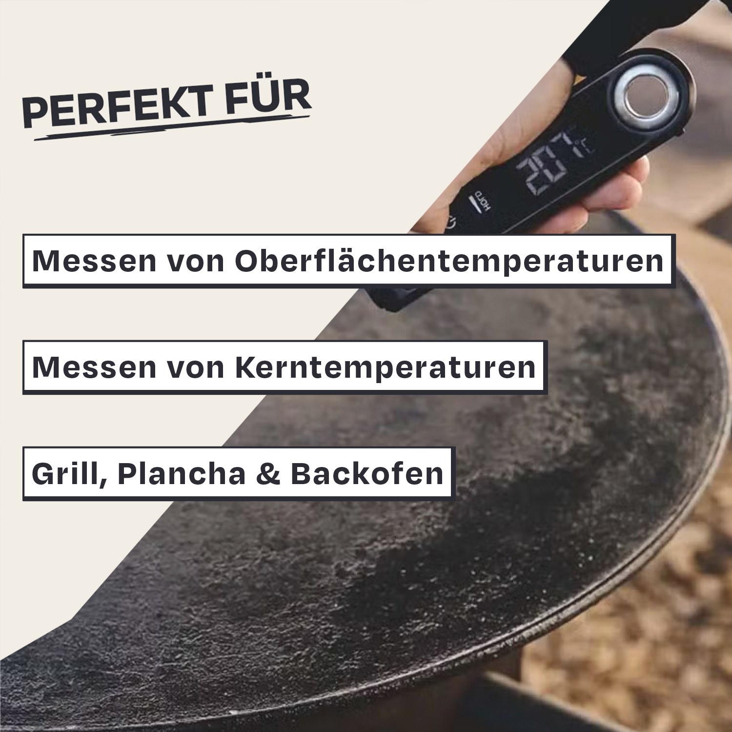 Person misst mit einem Infrarot-Thermometer die Temperatur einer heißen Oberfläche.