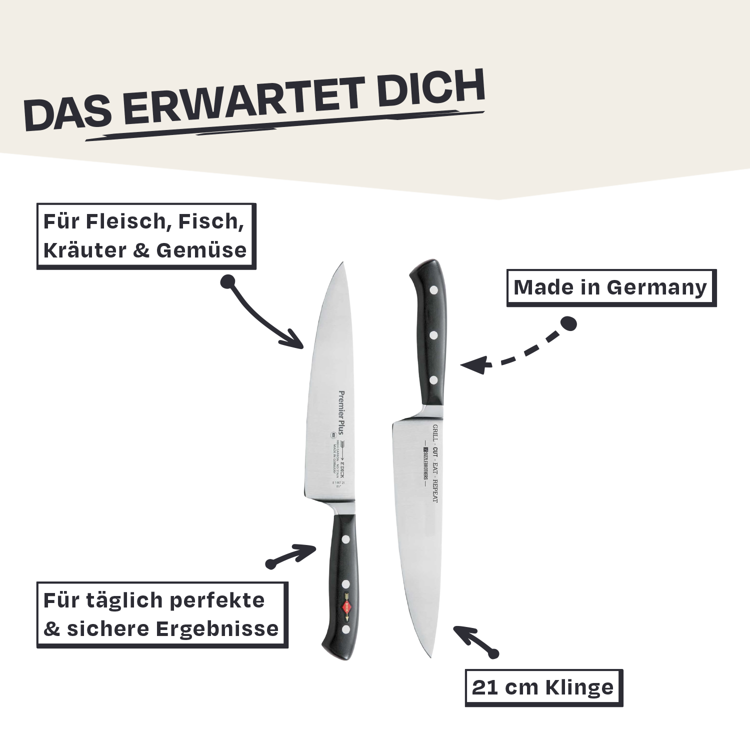Zwei Messer mit 21 cm Klinge, Made in Germany, für Fleisch, Fisch, Kräuter & Gemüse.