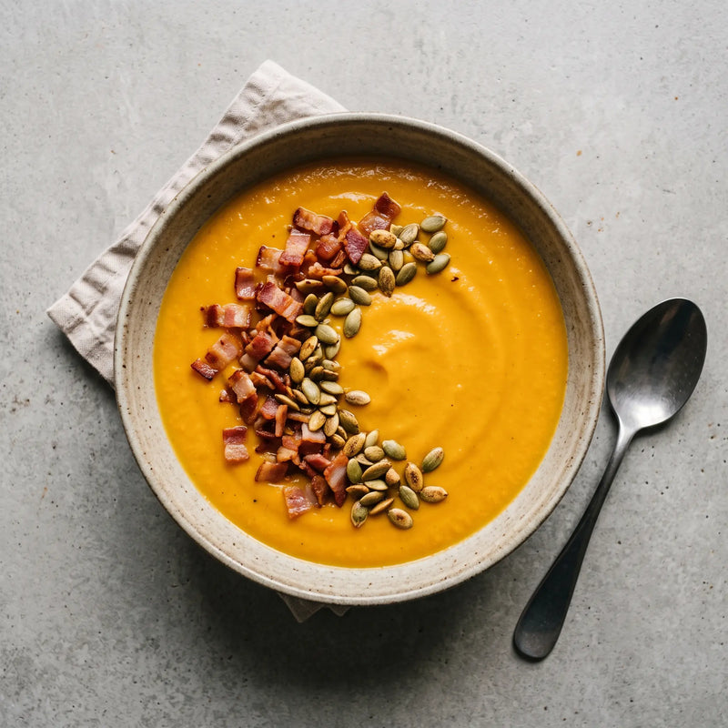 Schale mit cremiger Kürbissuppe, garniert mit gebratenem Speck und Kürbiskernen, daneben ein Löffel auf grauem Untergrund