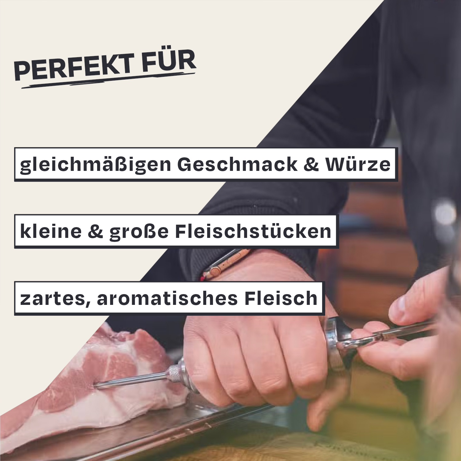 Person spritzt Marinade in Fleisch. Text: Perfekt für gleichmäßigen Geschmack & Würze.