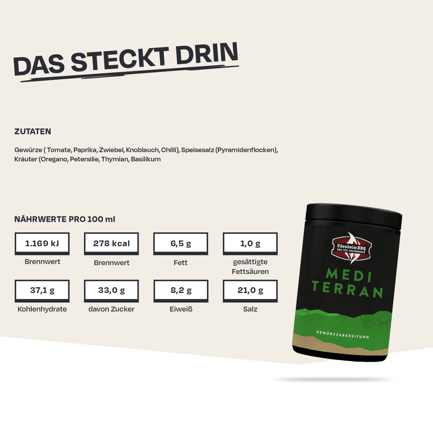 Mediterrane Gewürzmischung mit Zutaten und Nährwertangaben.