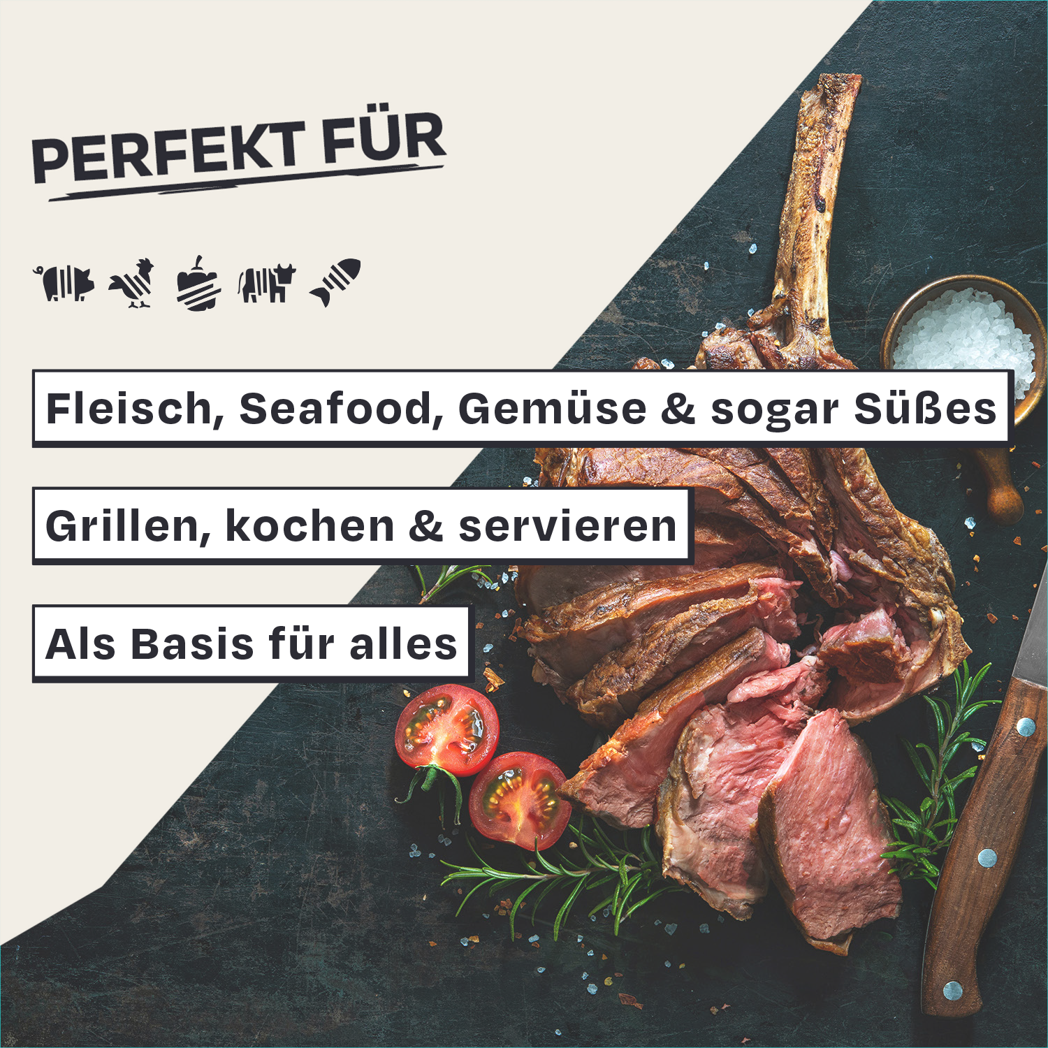 Gegrilltes Fleisch mit Schale, Salz und Tomaten, Text: Perfekt für Fleisch und Gemüse.