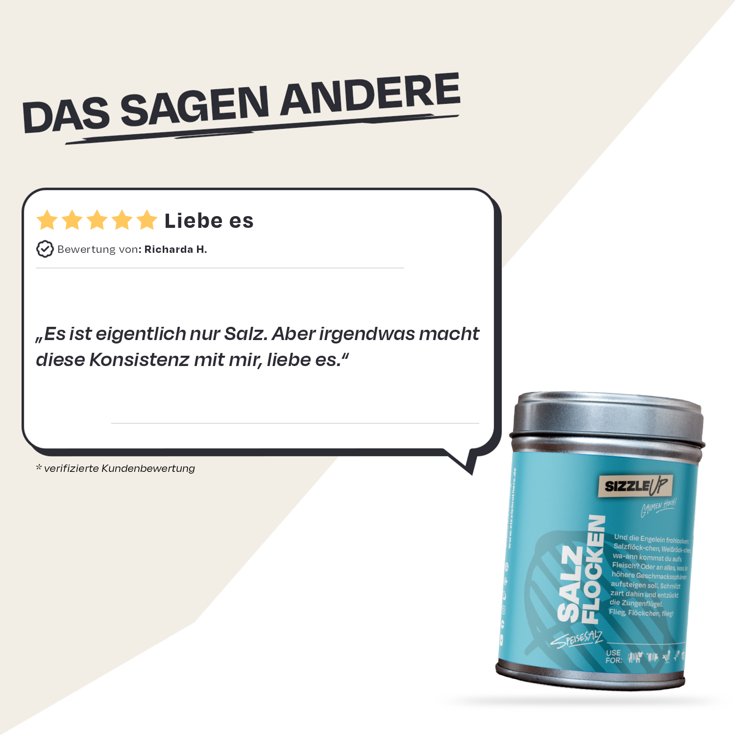 Metallische Gewürzdose neben Bewertung mit Text: Liebe es.