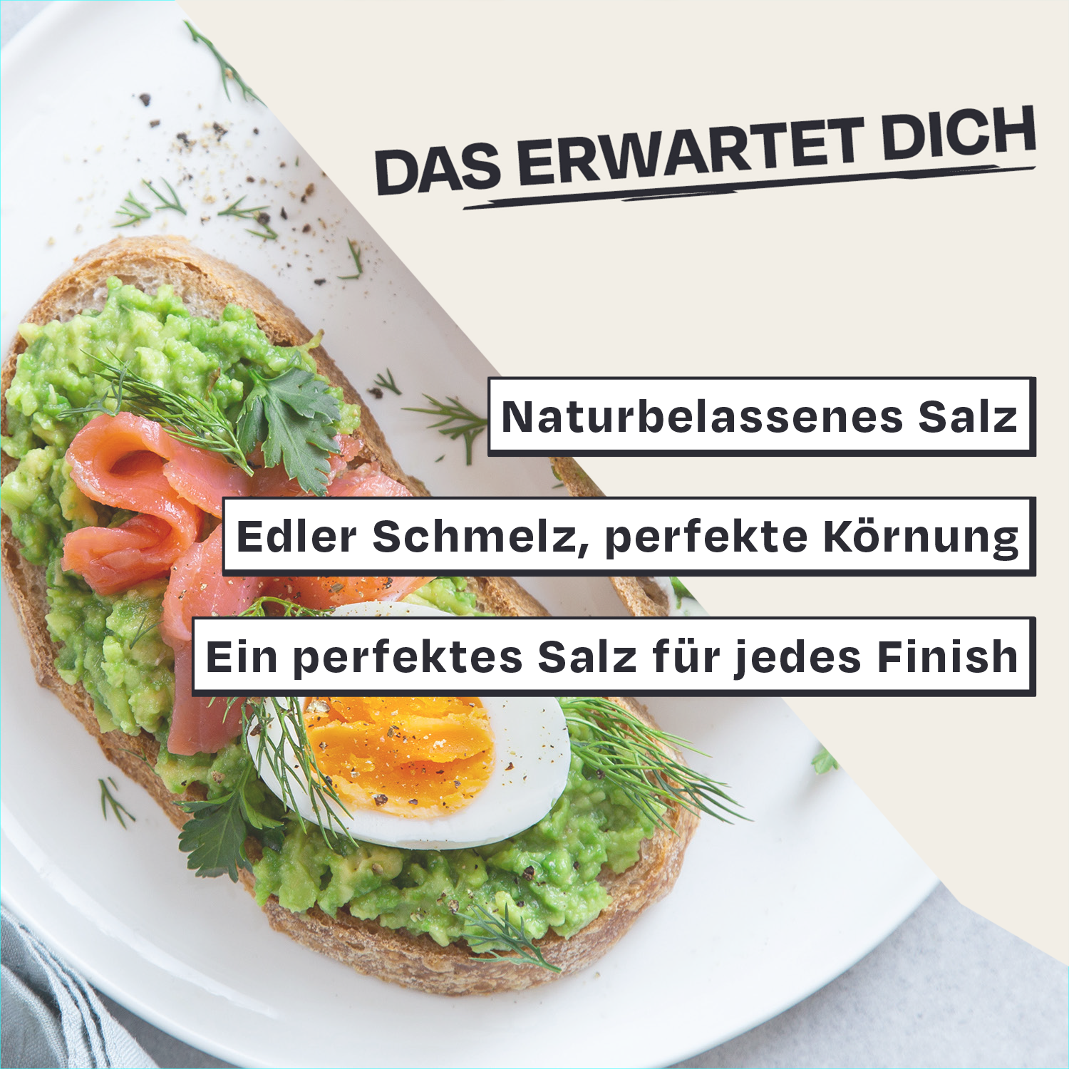 Brot mit Avocado, Ei, Lachs, Dill, Text: Naturbelassenes Salz, perfektes Finish.