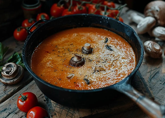 Rote Suppe mit Pilzen und Gewürzen in einer gusseisernen Pfanne.