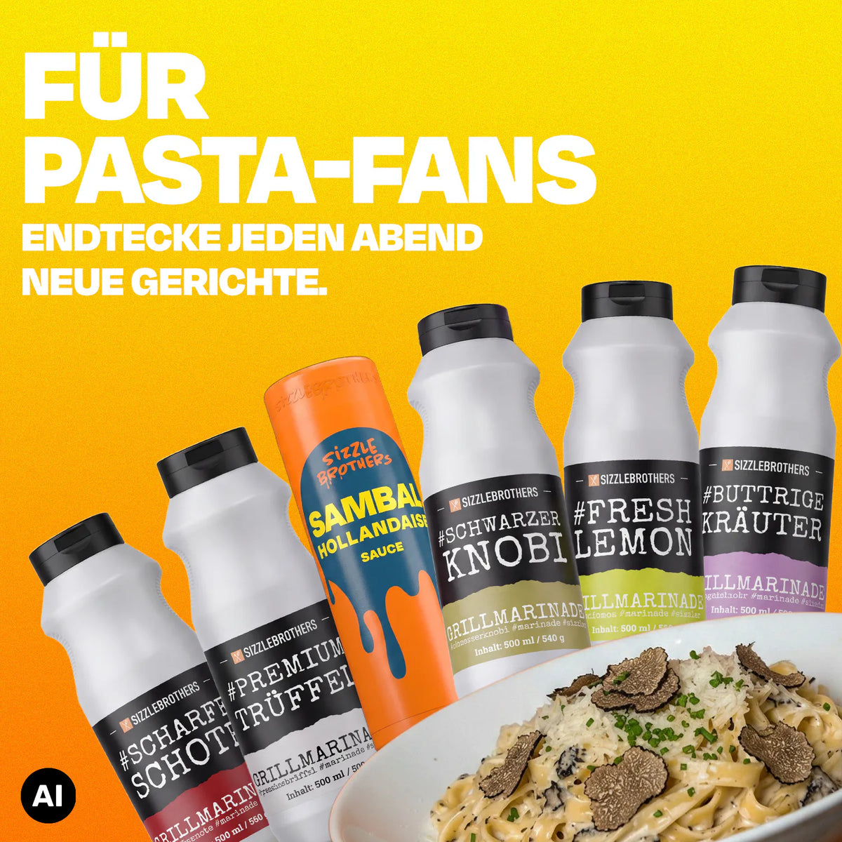 Flaschen verschiedener Saucen und Marinaden, verziert mit einem Gabel Pasta Teller.
