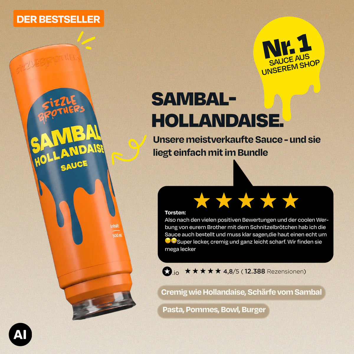 Flasche Sambal-Hollandaise mit Text zu Beliebtheit und Anwendungsmöglichkeiten.