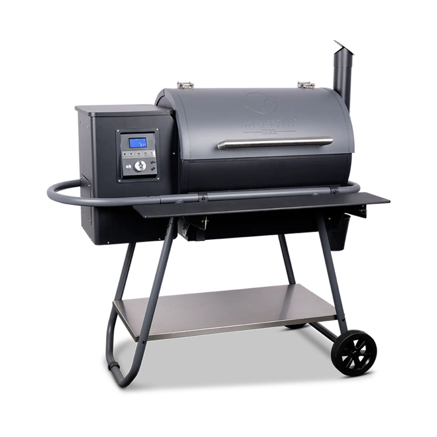 Schwarzer BBQ-Grill auf Rädern mit silbernem Ablagebrett unten.