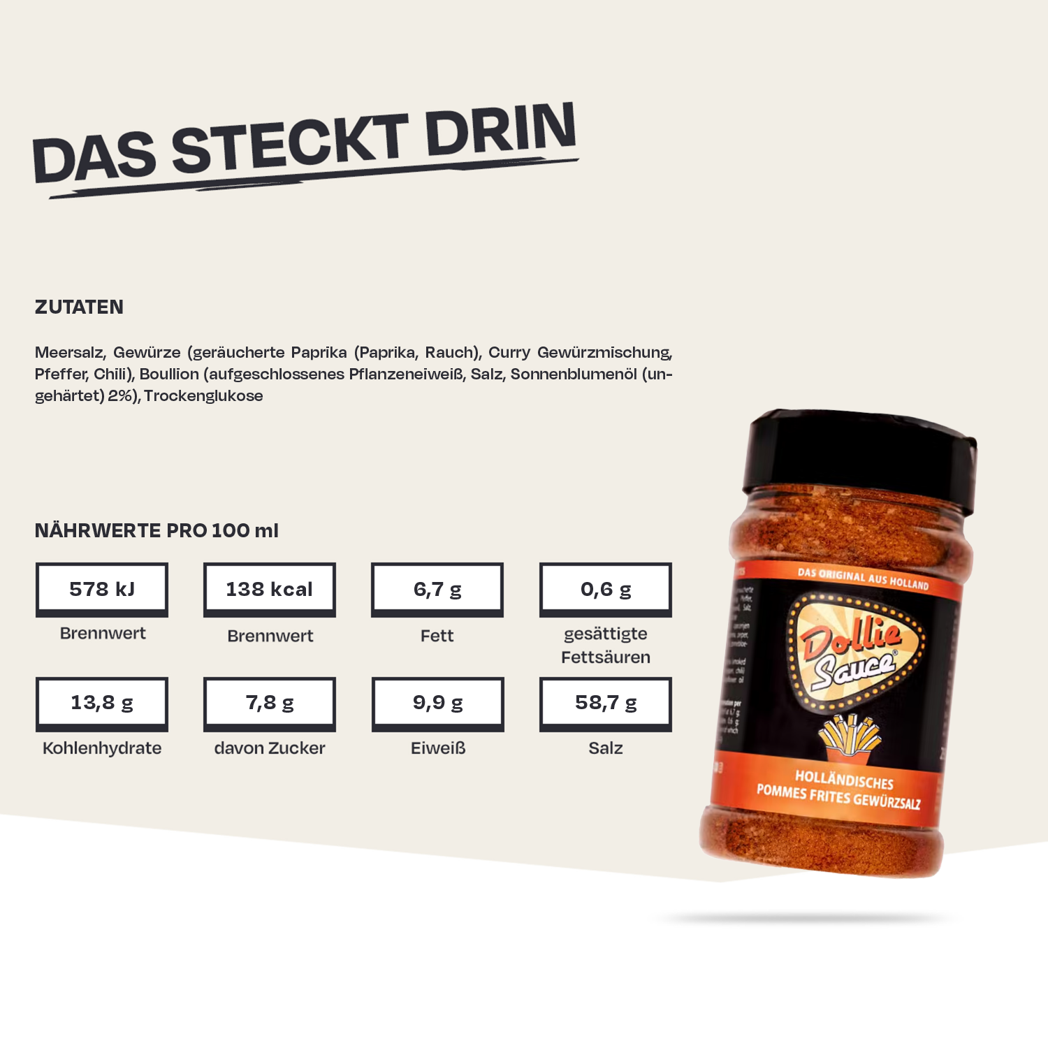 Glas mit Gewürzmischung, Nährwerte und Zutaten wie Meersalz, Paprika und Curry werden gezeigt.