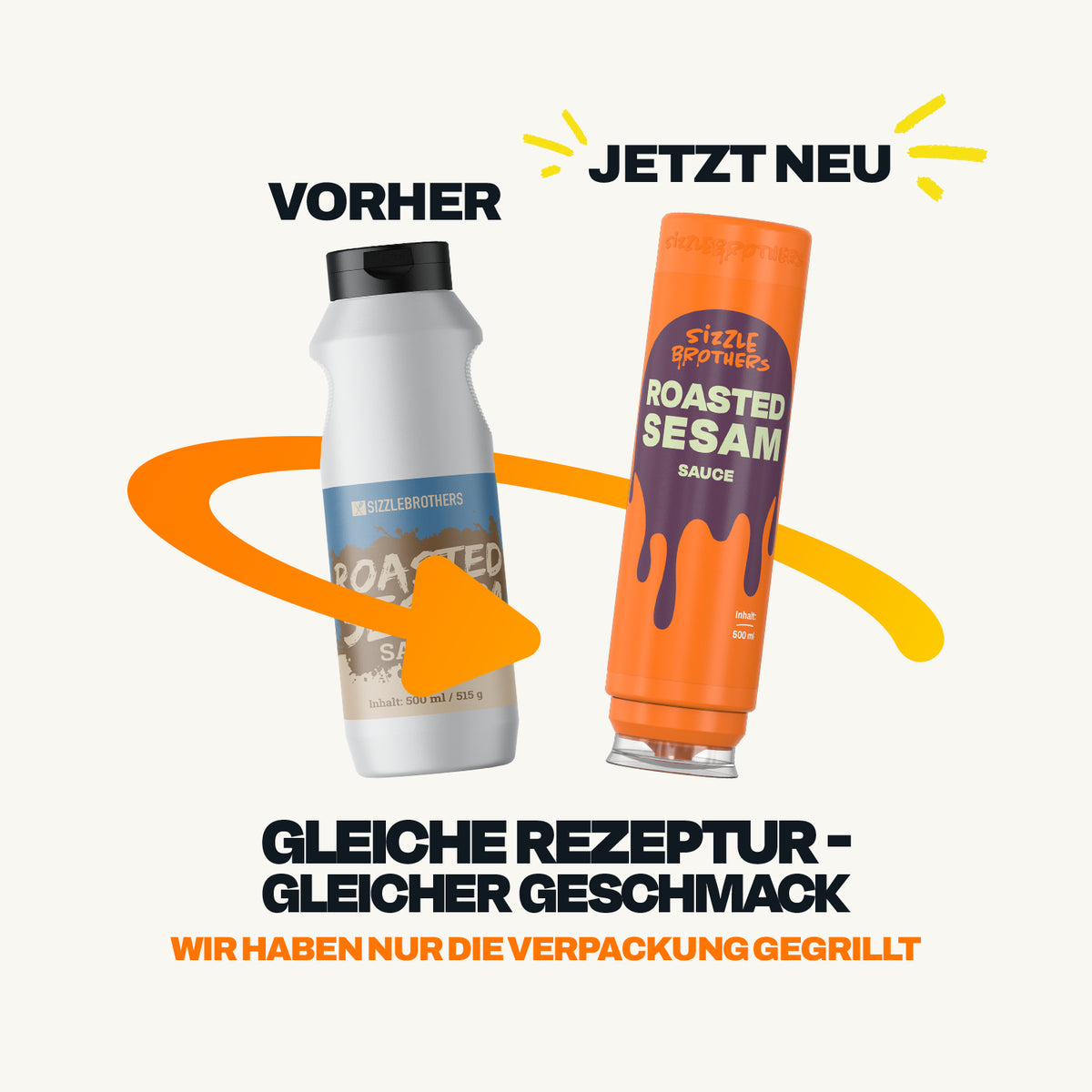 Neue Verpackung der SizzleBrothers Roasted Sesam Sauce, alte weiße Flasche neben der neuen orangefarbenen 500 ml Flasche