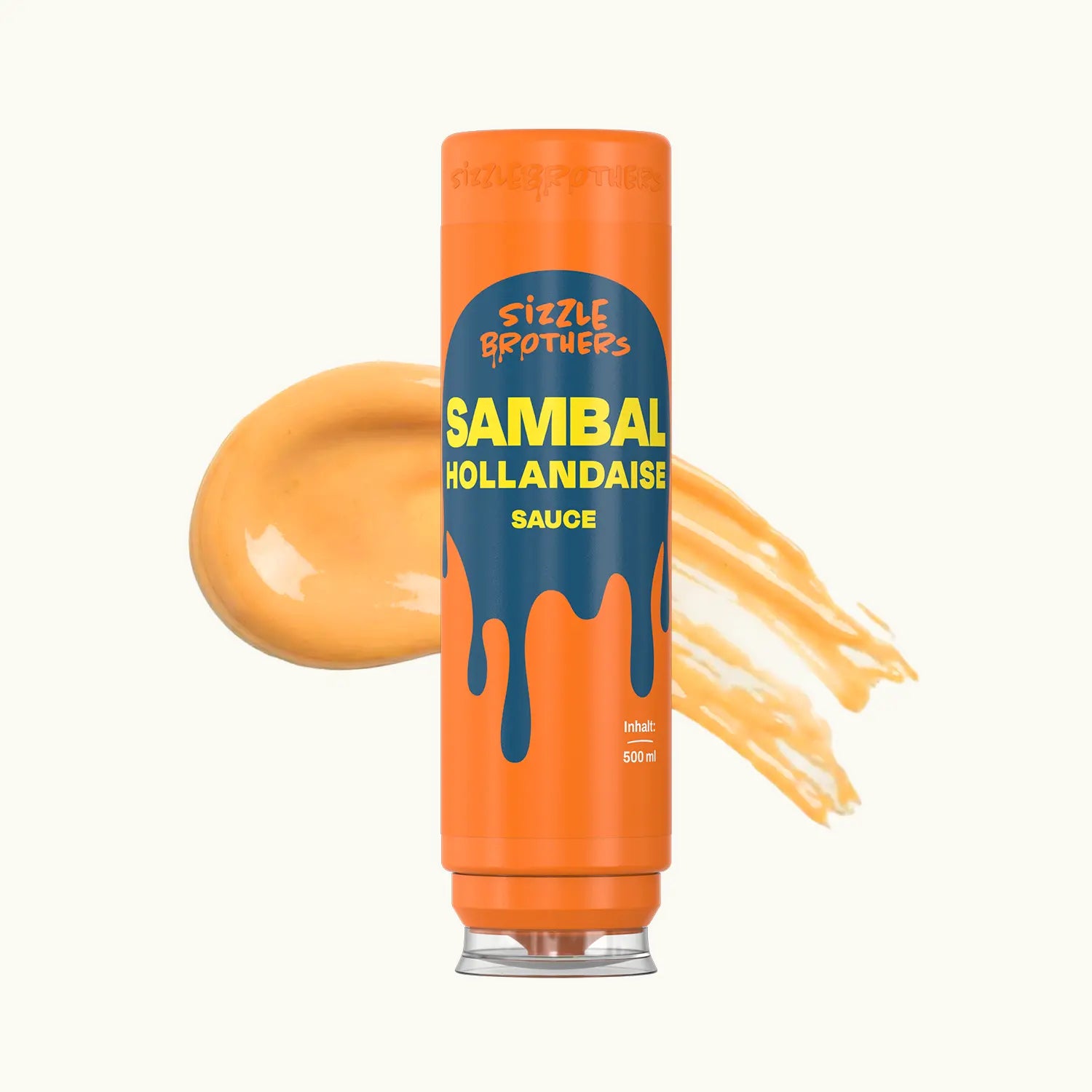 SizzleBrothers Sambal Hollandaise Sauce, in orangener 500 ml Flasche, mit Saucen Klecks