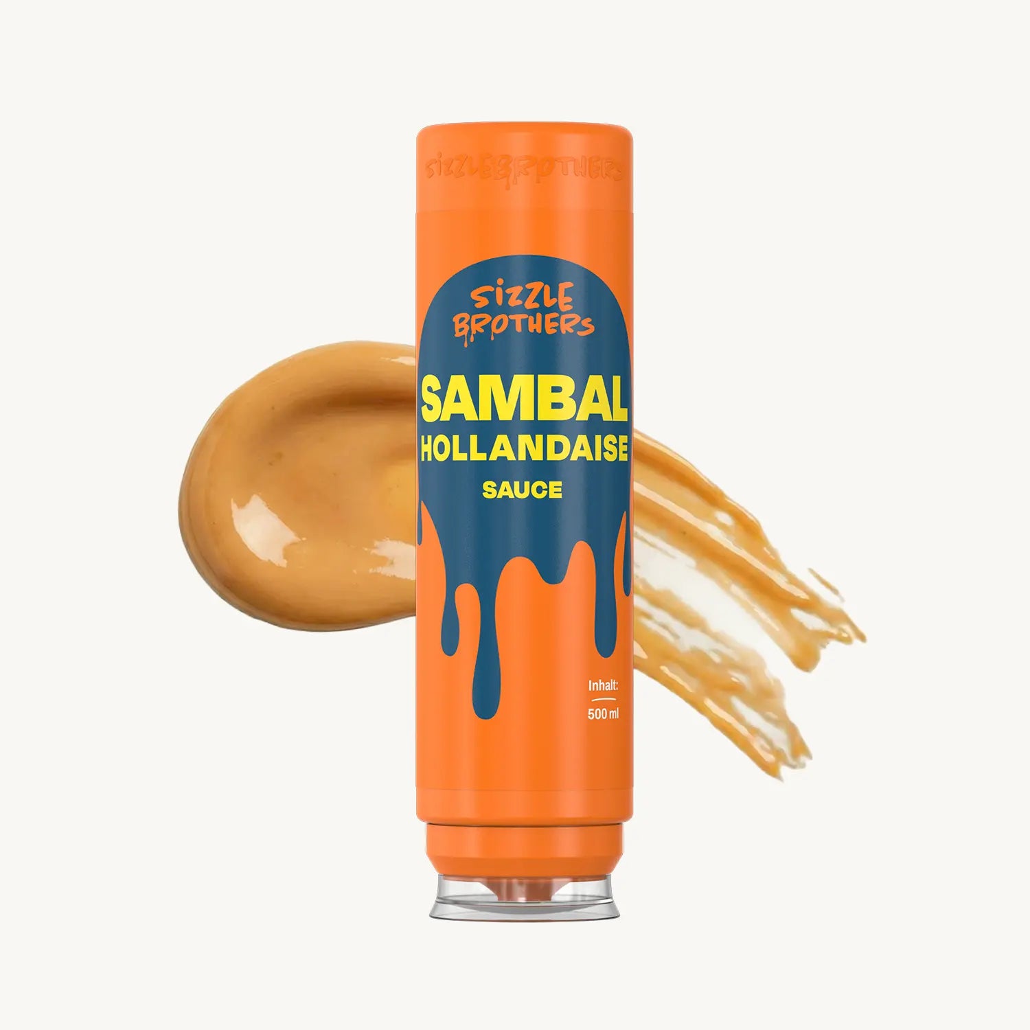 SizzleBrothers Sambal Hollandaise Sauce, in orangener 500 ml Flasche, mit Saucen Klecks