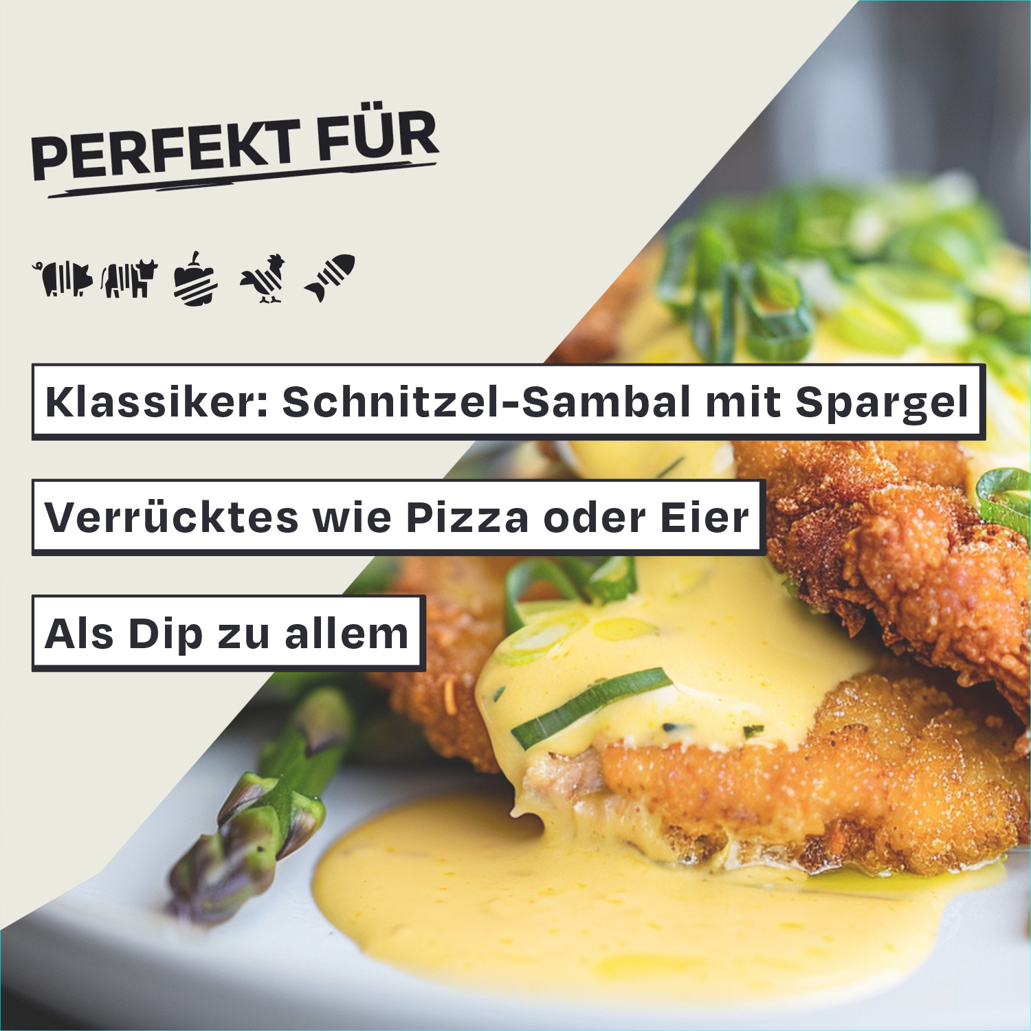 Schnitzel mit Sauce und Text: Perfekt für Schnitzel-Sambal mit Spargel.