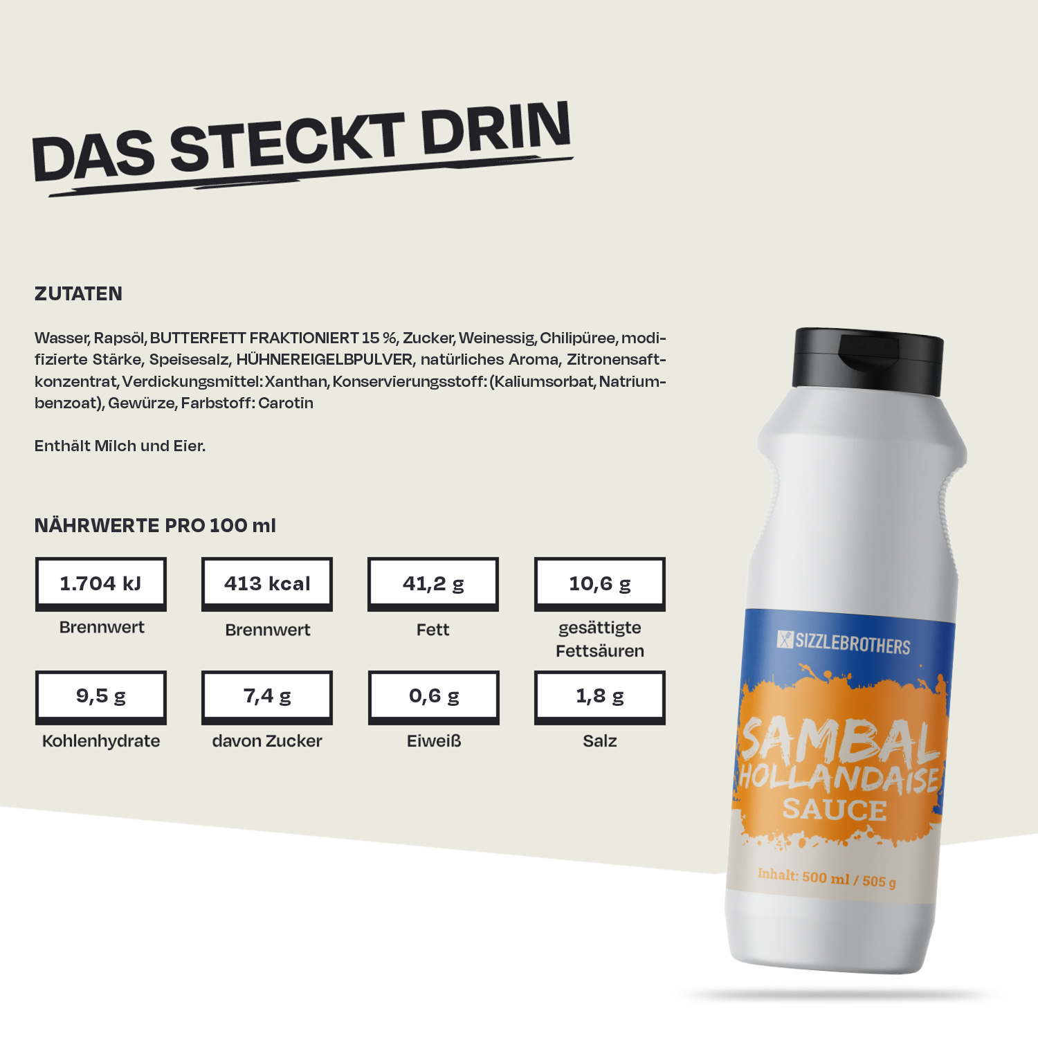 Flasche Sambal Hollandaise Sauce, Nährwerte und Zutaten auf beigem Hintergrund.
