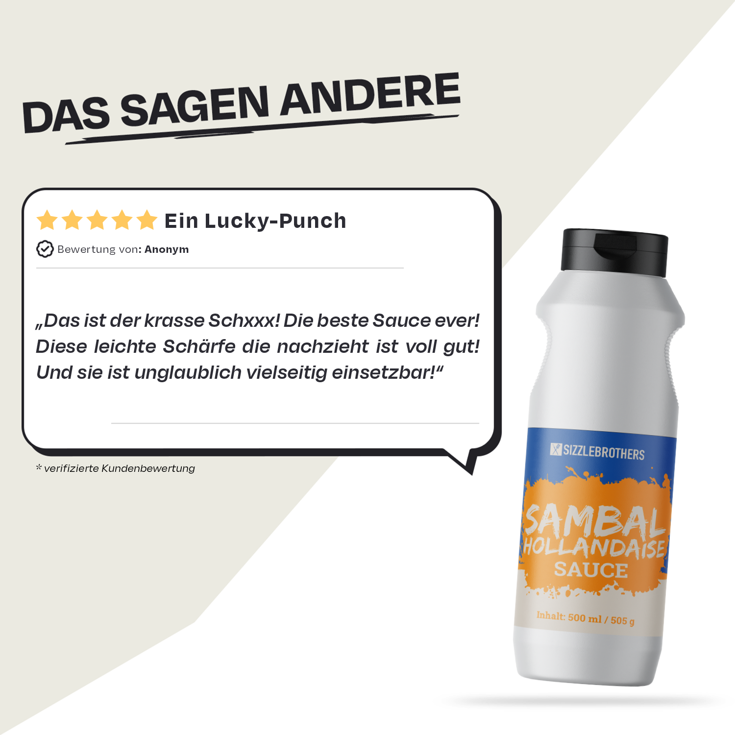Sambal Hollandaise Sauce neben einer Kundenbewertung mit 5 Sternen: 'Ein Lucky-Punch'.