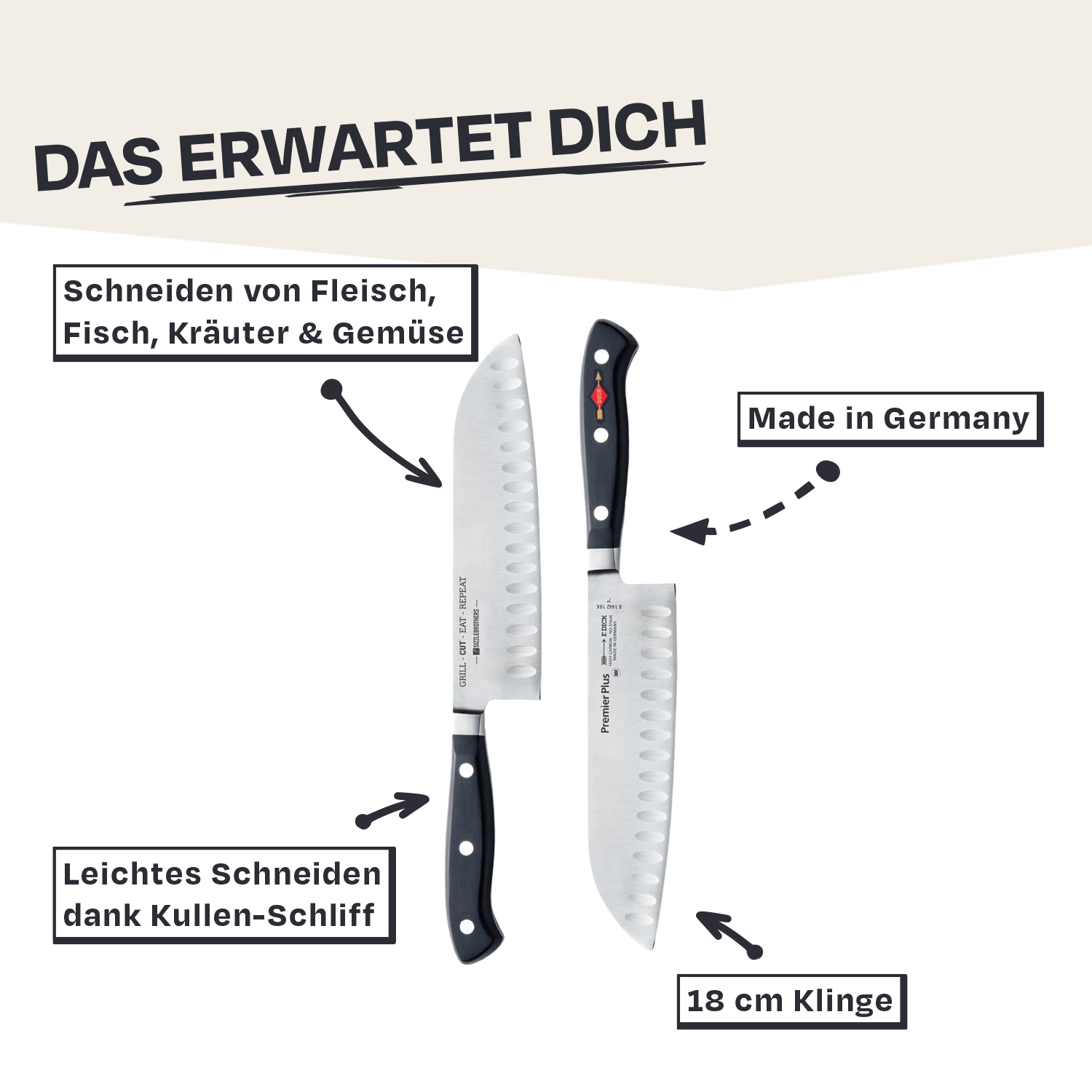 Zwei Messer mit der Aufschrift 'Das erwartet dich' und Produkthinweise.