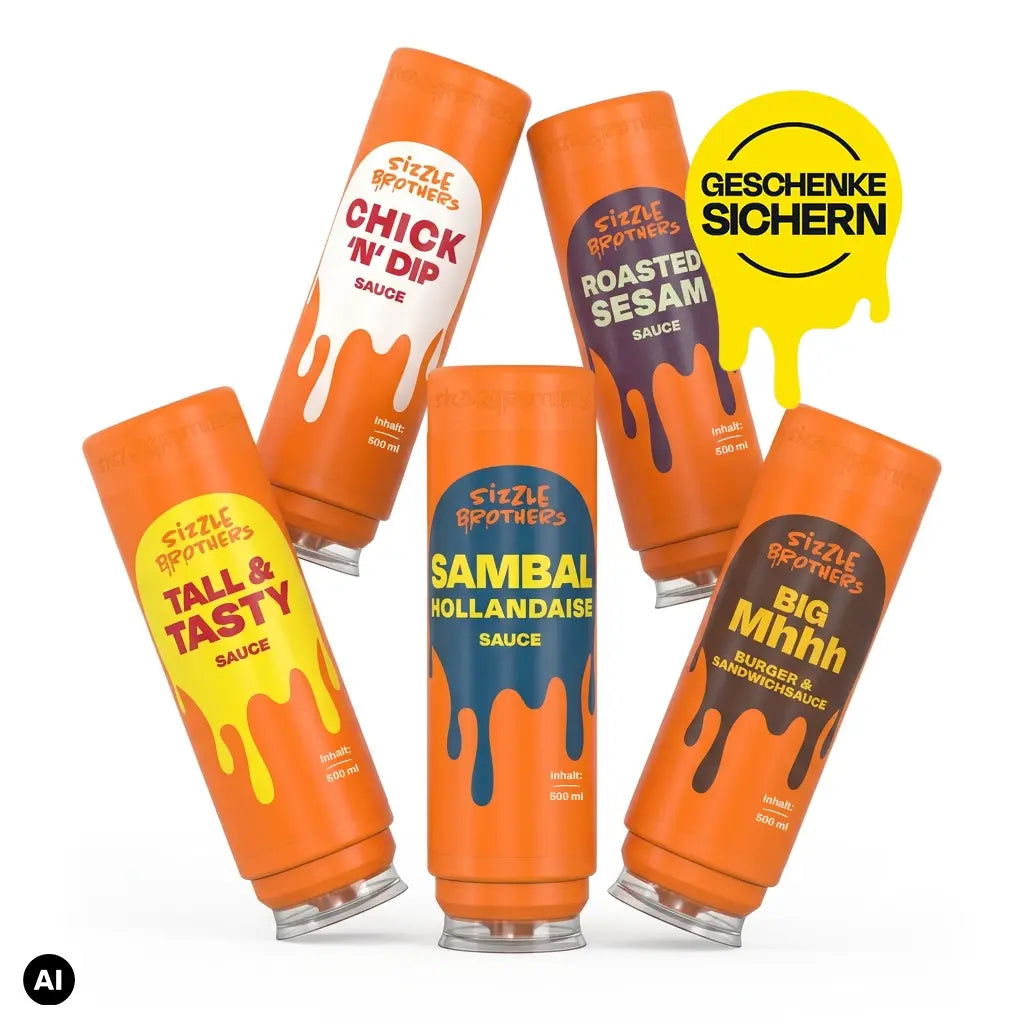 Fünf bunte Saucenflaschen in Orange und Blau. Text: Geschenke sichern.
