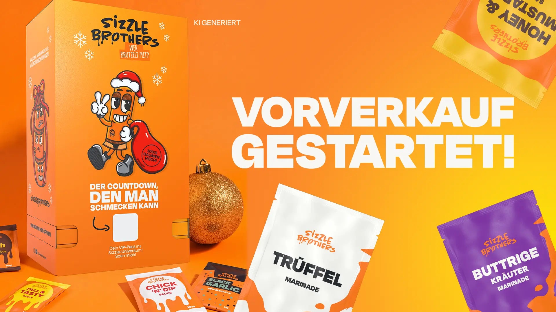 SizzleBrothers Adventskalender für 2026 neben goldener Christbaumkugel und mehreren Einzelsachets aus dem Adventskalender. Daneben weiße Aufschrift 'VORVERKAUF GESTARTET!'