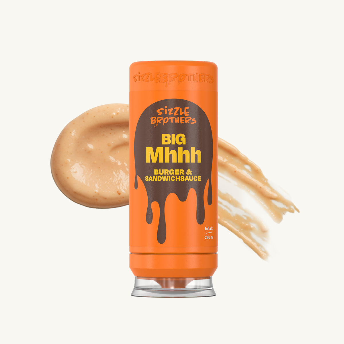 SizzleBrothers Bih Mhhh Sauce in der orangefarbenen 250 ml Flasche neben einem Klecks heller Burgersauce