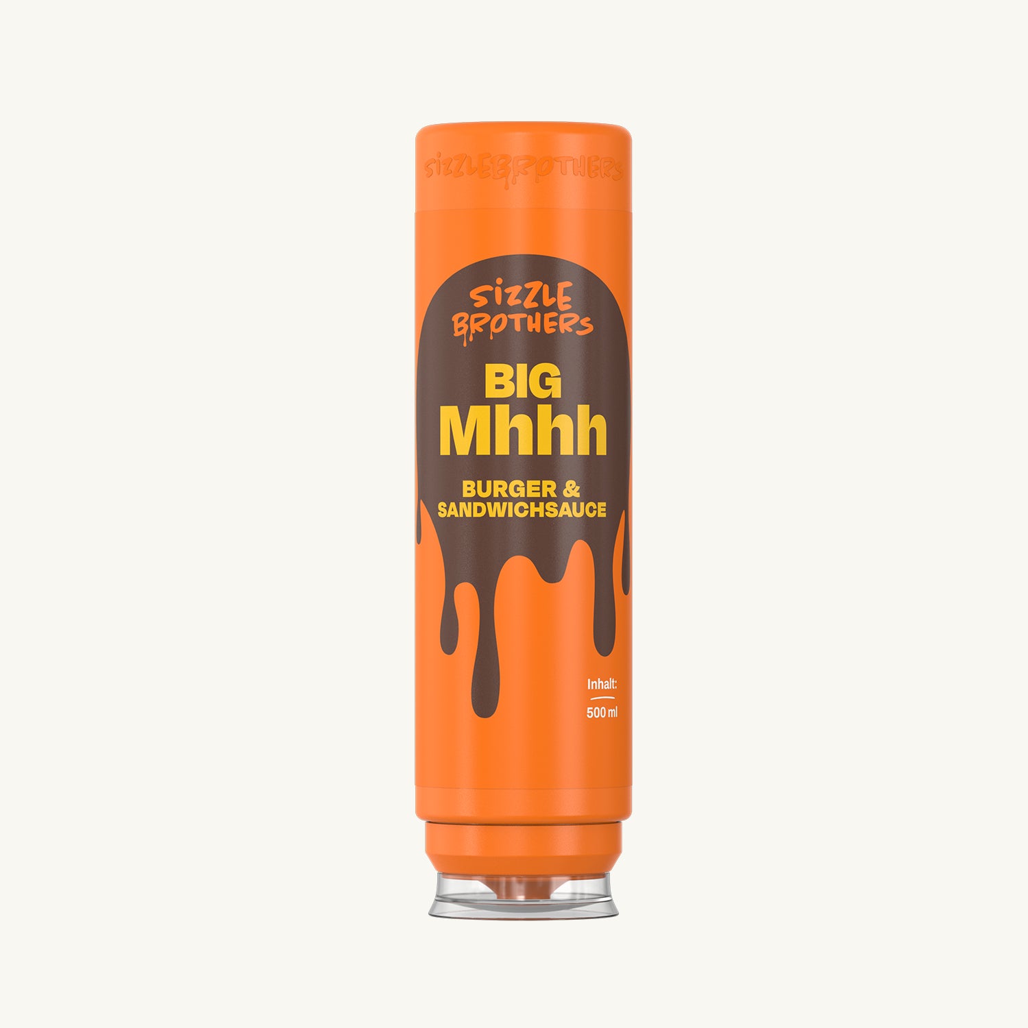 SizzleBrothers Bih Mhhh Sauce in der orangefarbenen 500 ml Flasche neben einem Klecks heller Burgersauce