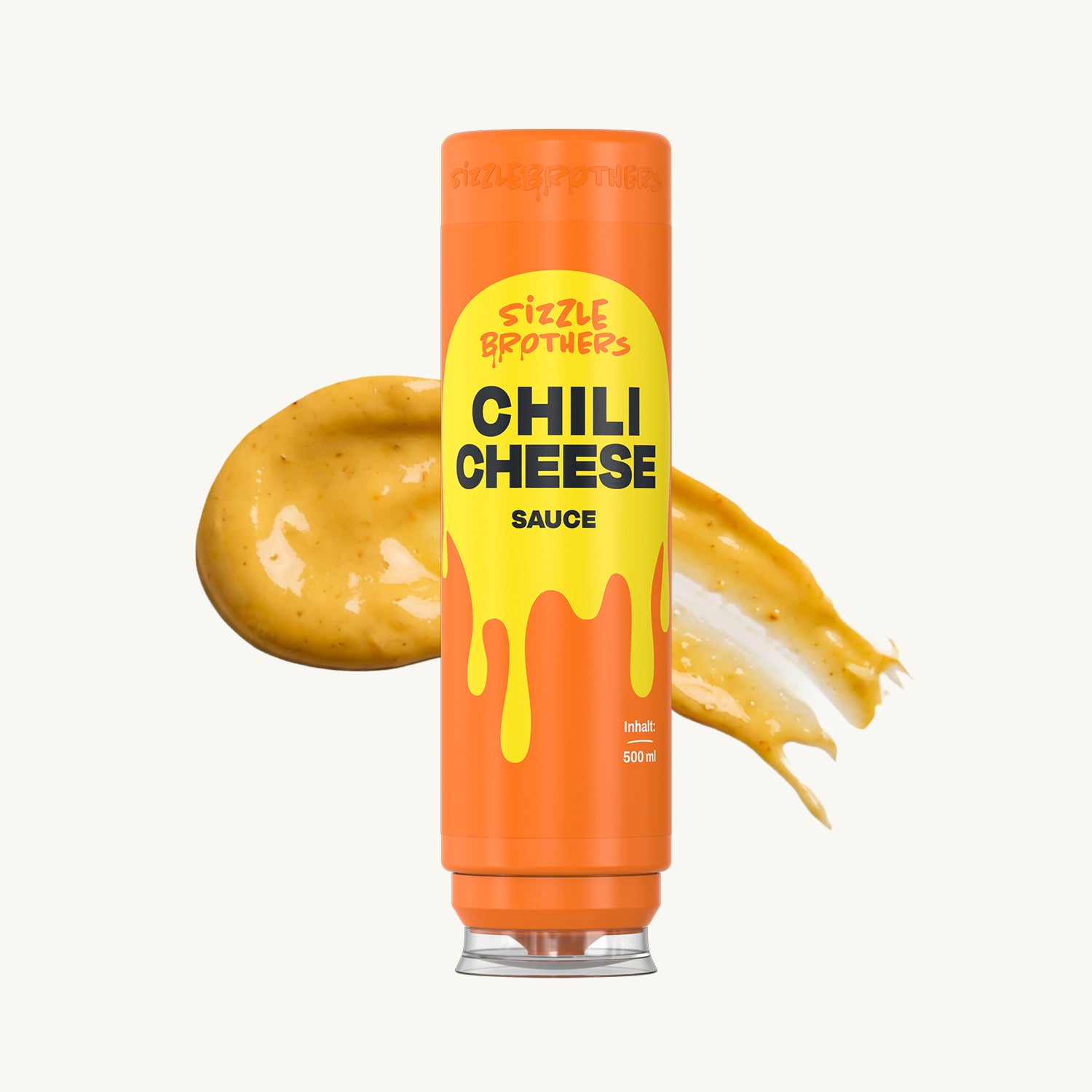 SizzleBrothers Chili Cheese Sauce, in orangener 500 ml Flasche, mit Saucen Klecks