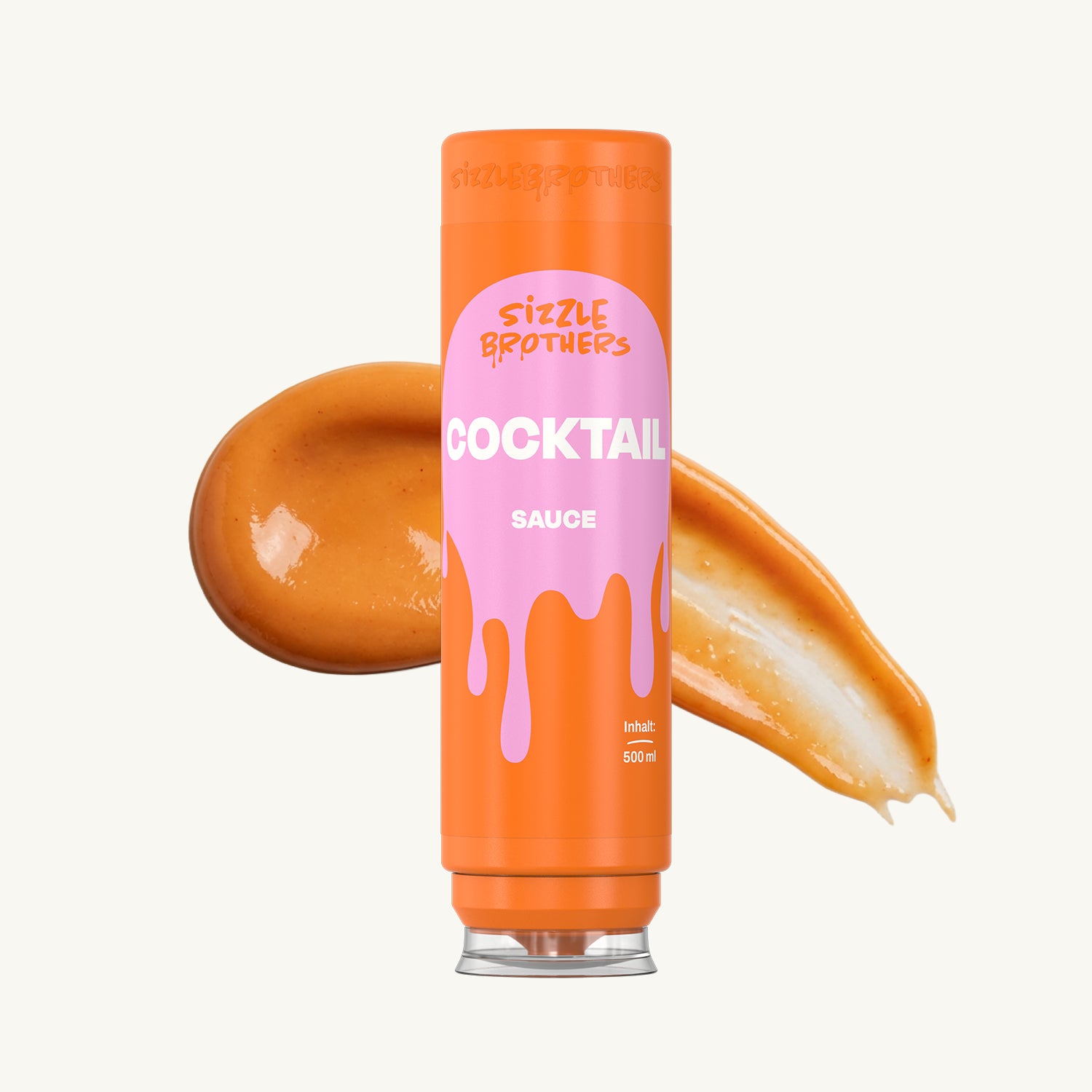 Große orangene Flasche Cocktailsoße, Soße daneben verschmiert.