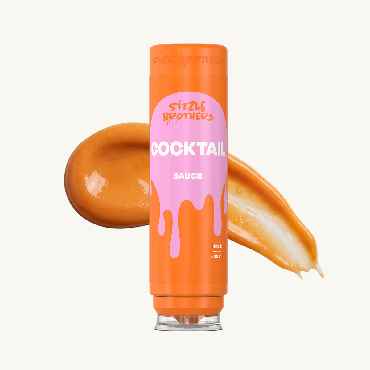 Große orangene Flasche Cocktailsoße, Soße daneben verschmiert.