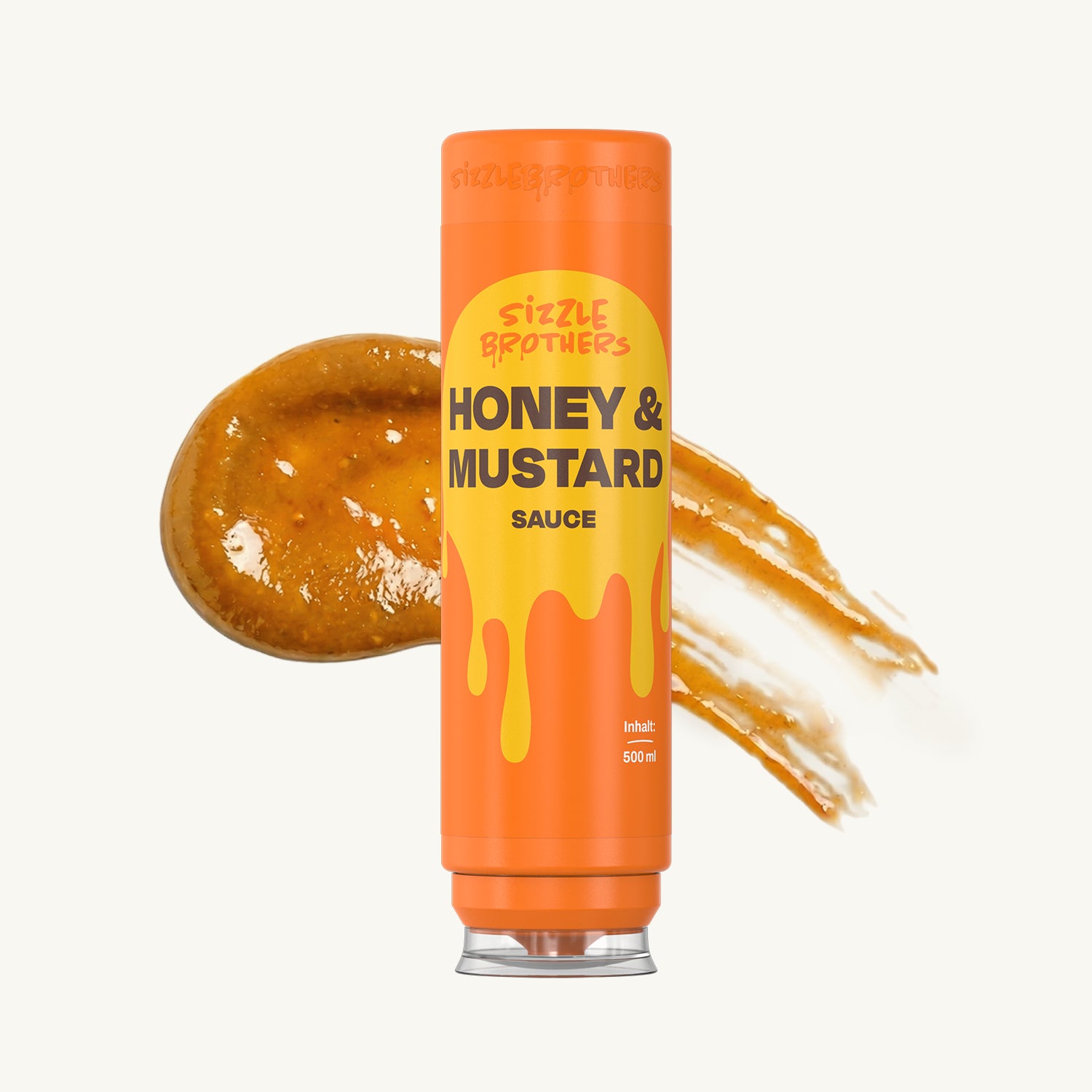 Geöffnete Honig & Senf Sauce Flasche mit einem Klecks Sauce.