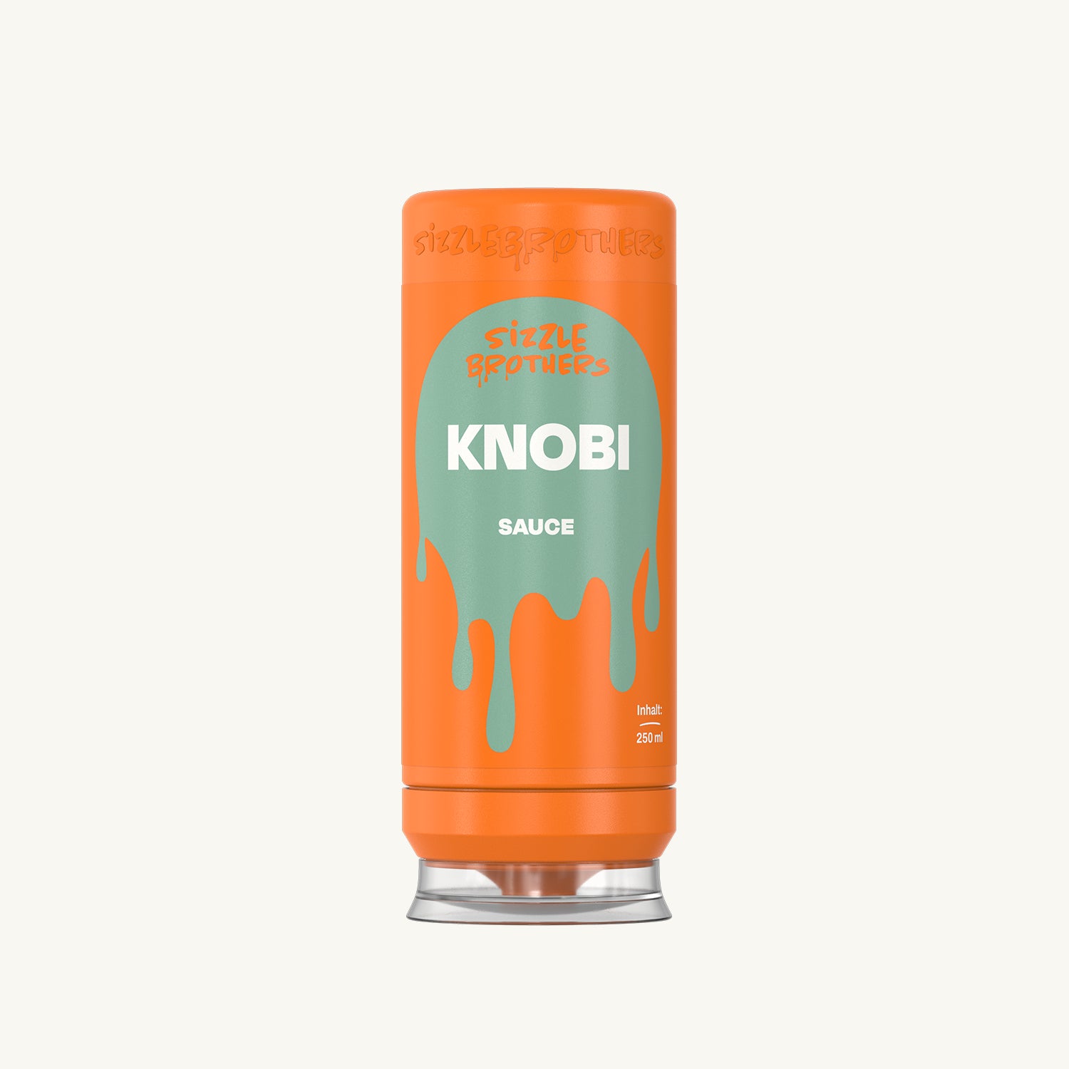 Orange Knoblauch Sauce Flasche mit tropfendem grünem Design.