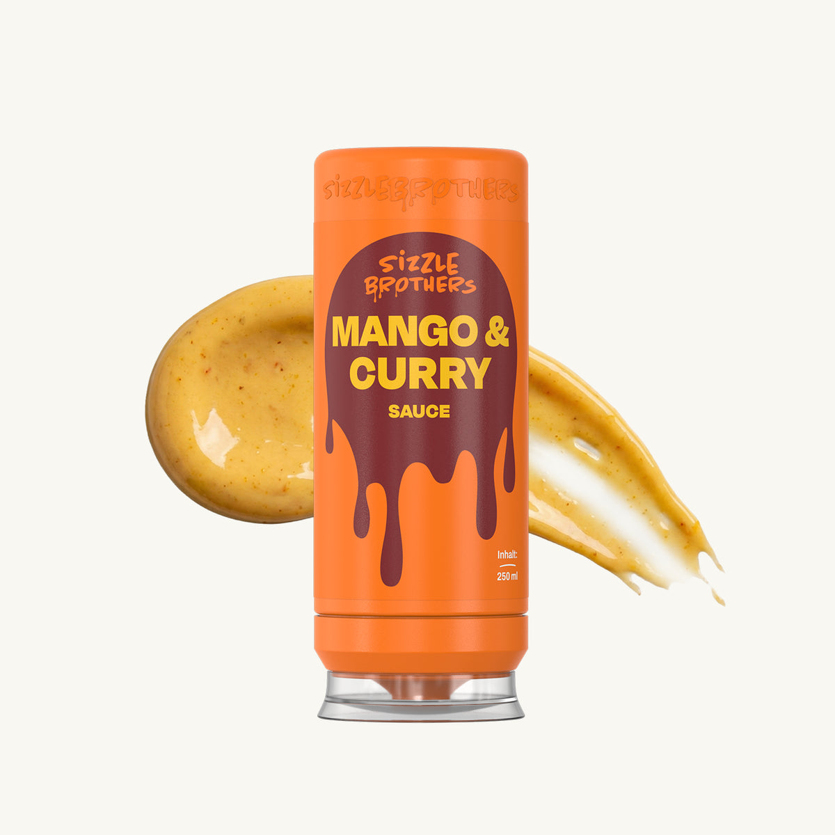 SizzleBrothers Mango & Curry Sauce, in orangener 250 ml Flasche, mit Saucen Klecks