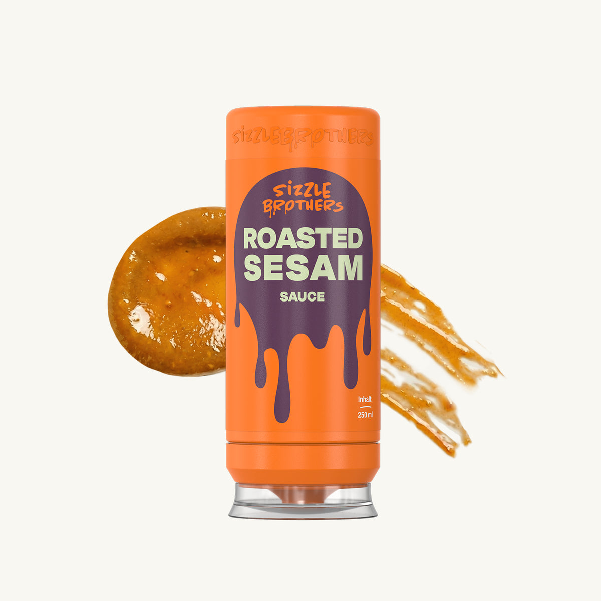 SizzleBrothers Roasted Sesam Sauce 250 ml in orangener Flasche mit Saucenklecks daneben.