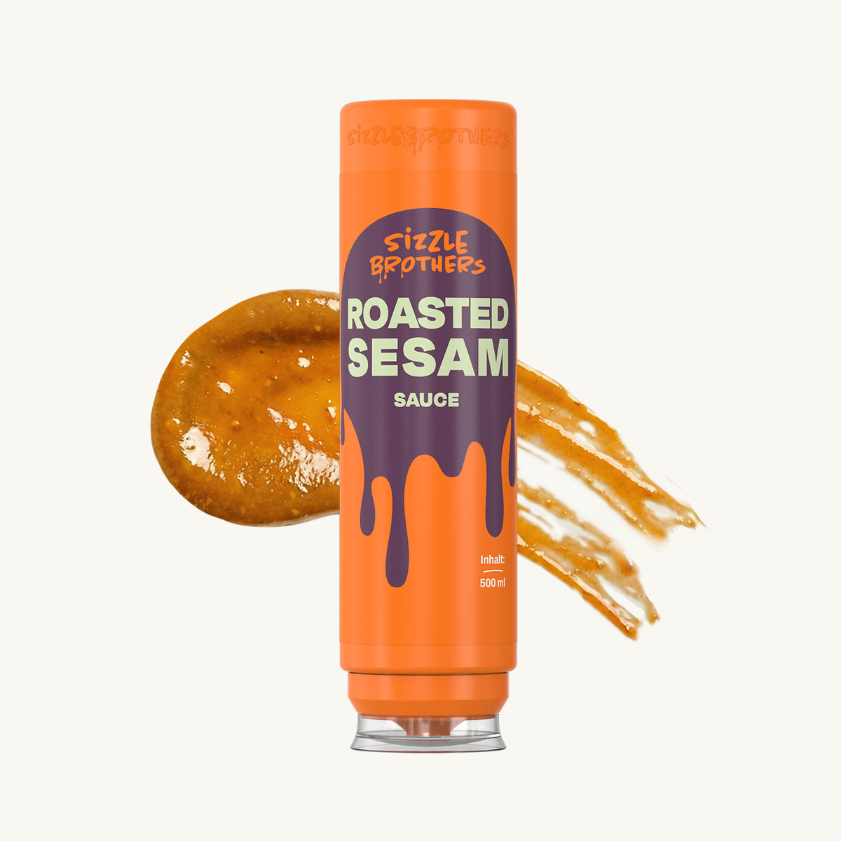SizzleBrothers Roasted Sesam Sauce 500 ml in orangener Flasche mit Saucenklecks daneben.