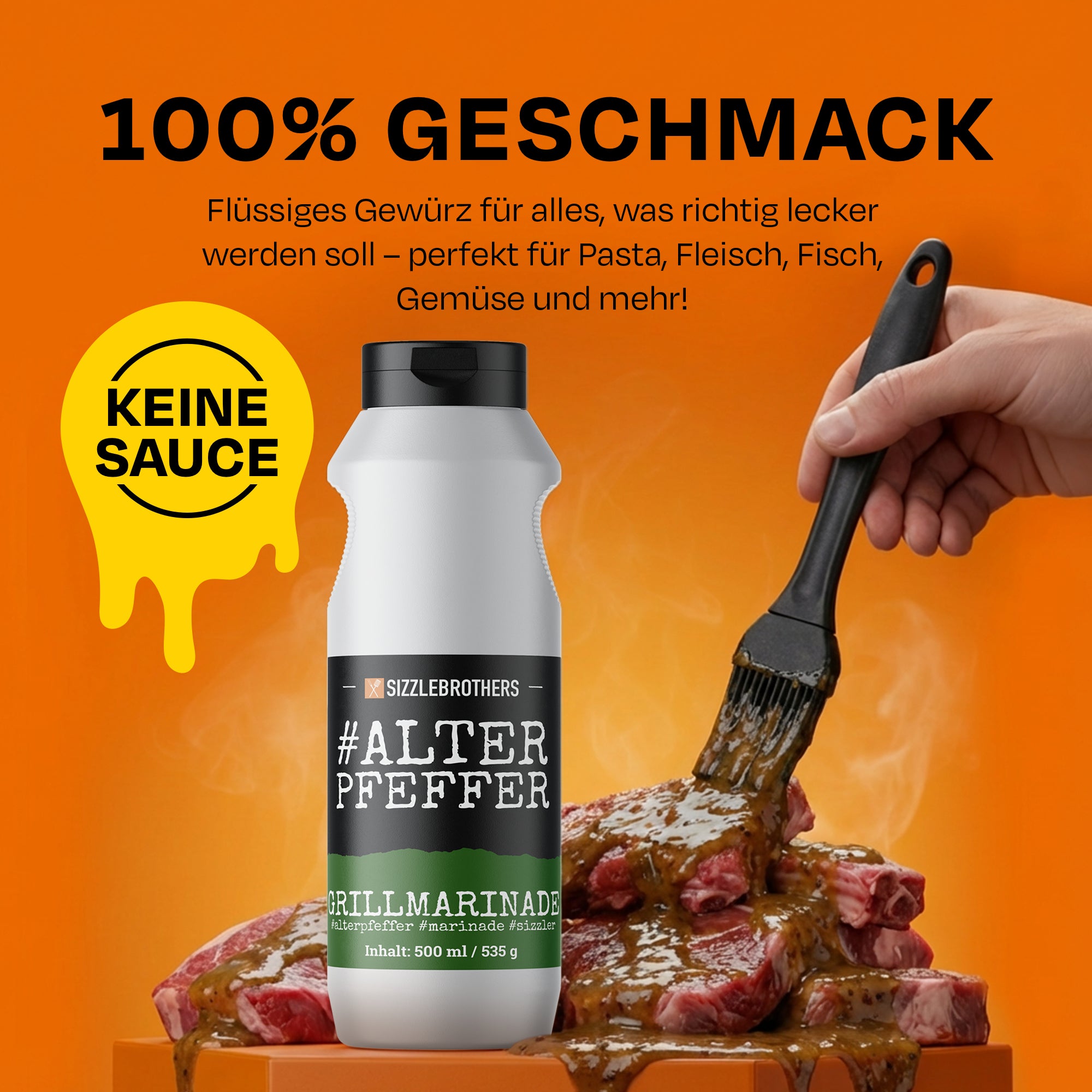 Marinadeflasche neben Steak, Text: 100% Geschmack, keine Sauce.