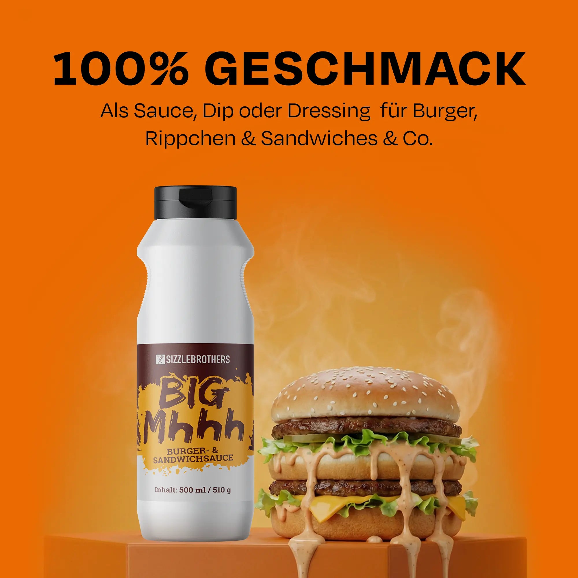 Flasche mit Burger, Text: 100% Geschmack, fĂĽr Burger, Rippchen & Sandwiches.