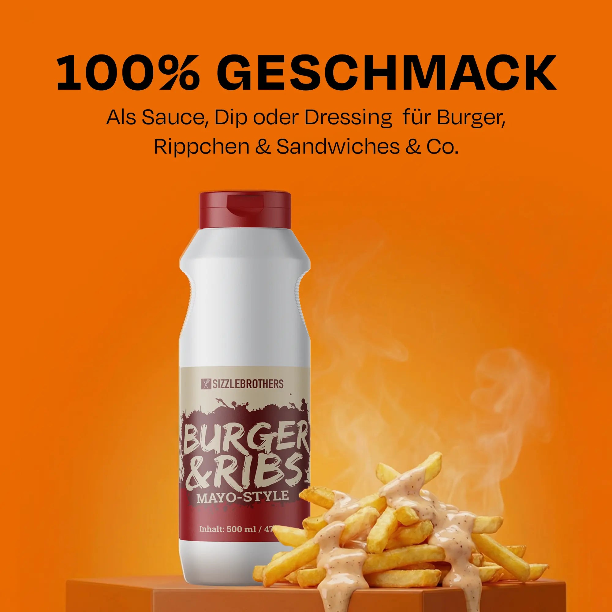 Flasche Burger & Ribs Mayo vor Pommes auf orangem Hintergrund, Text: '100% Geschmack'.