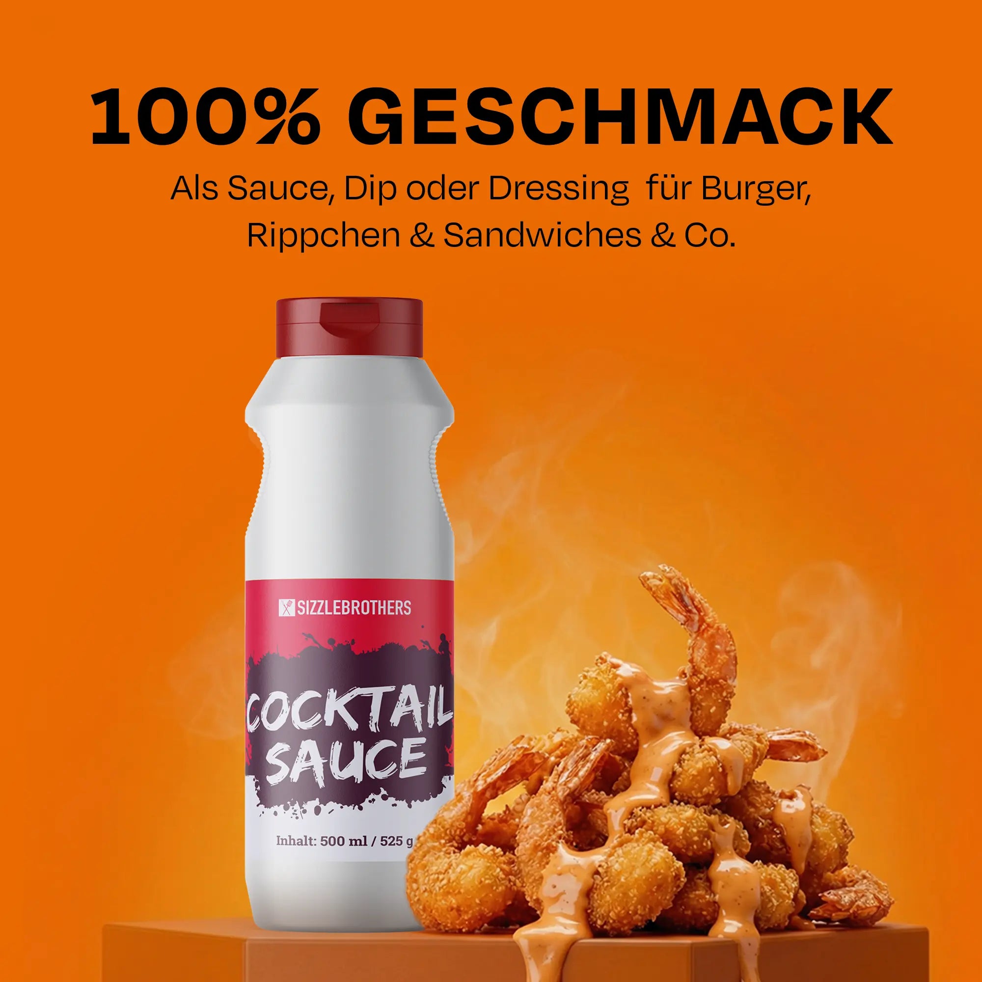 Flasche Cocktail Sauce vor frittierten Garnelen, Text: 100% Geschmack.