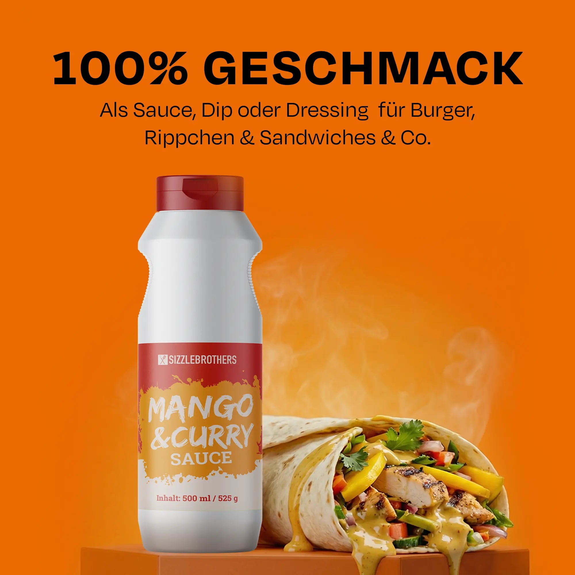 Flasche Mango & Curry Sauce vor Wrap, Text: '100% Geschmack' auf orangem Hintergrund.