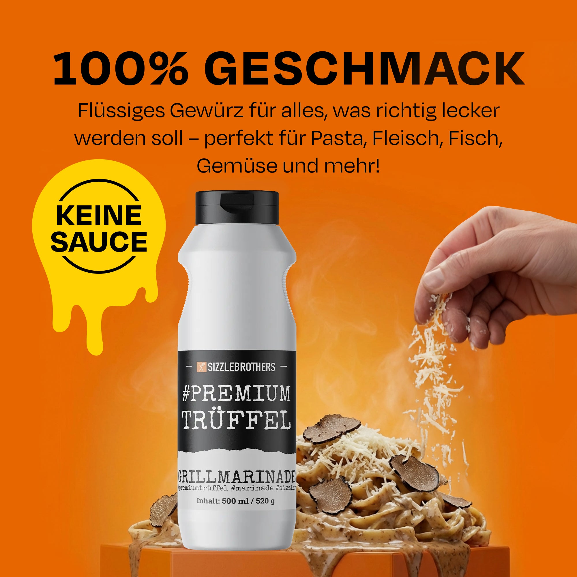 Grillmarinade-Flasche vor orangefarbenem Hintergrund, Text: 100% Geschmack, Keine Sauce.